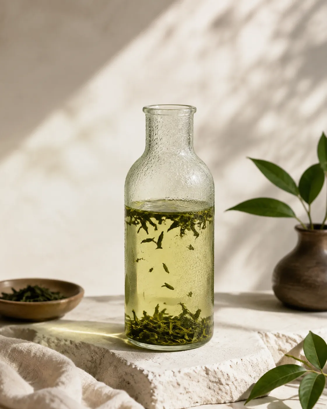 A clear glass bottle of pale green tea beaded with condensation, dark green leaf suspended in the water