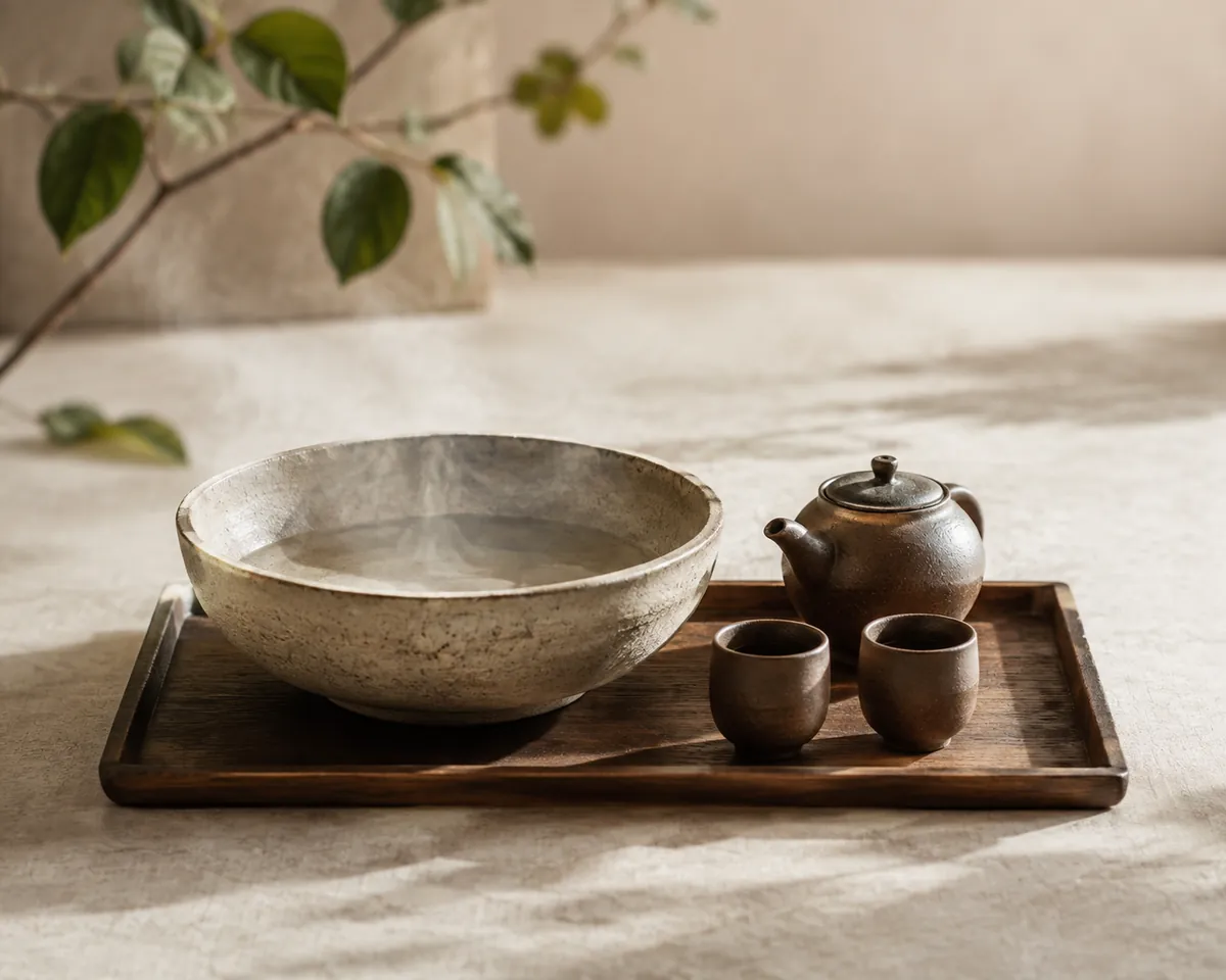 A wide shallow unglazed cooling bowl of steaming water on a wooden tray beside a small teapot and two tiny cups