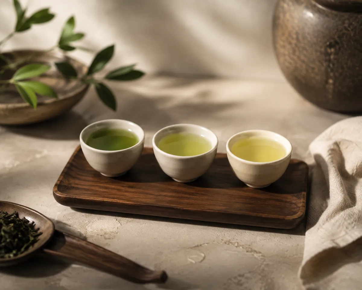 Three thimble-sized cups in a row holding tea liquor that grows paler from left to right