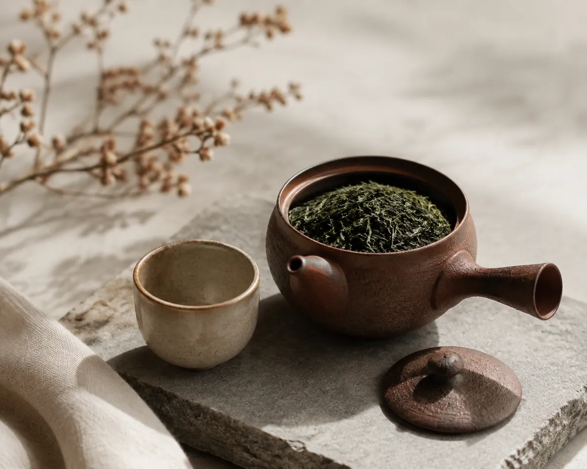 A small thin-walled Japanese teapot with its lid off, packed almost full with fine dark green tea needles, beside a tiny empty cup