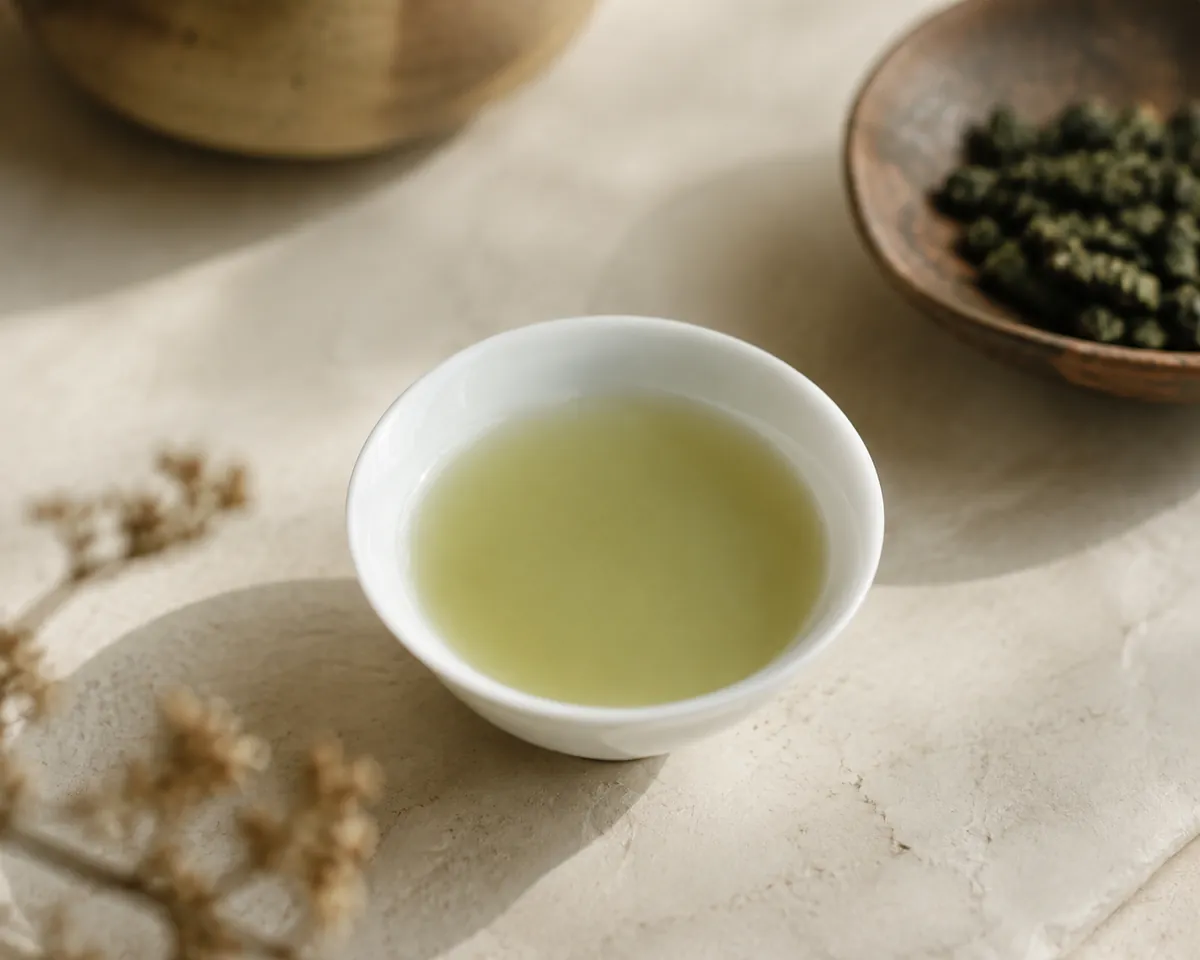 A shallow white porcelain cup holding about two tablespoons of dense pale jade-green tea liquor, viewed from just above the rim in soft daylight