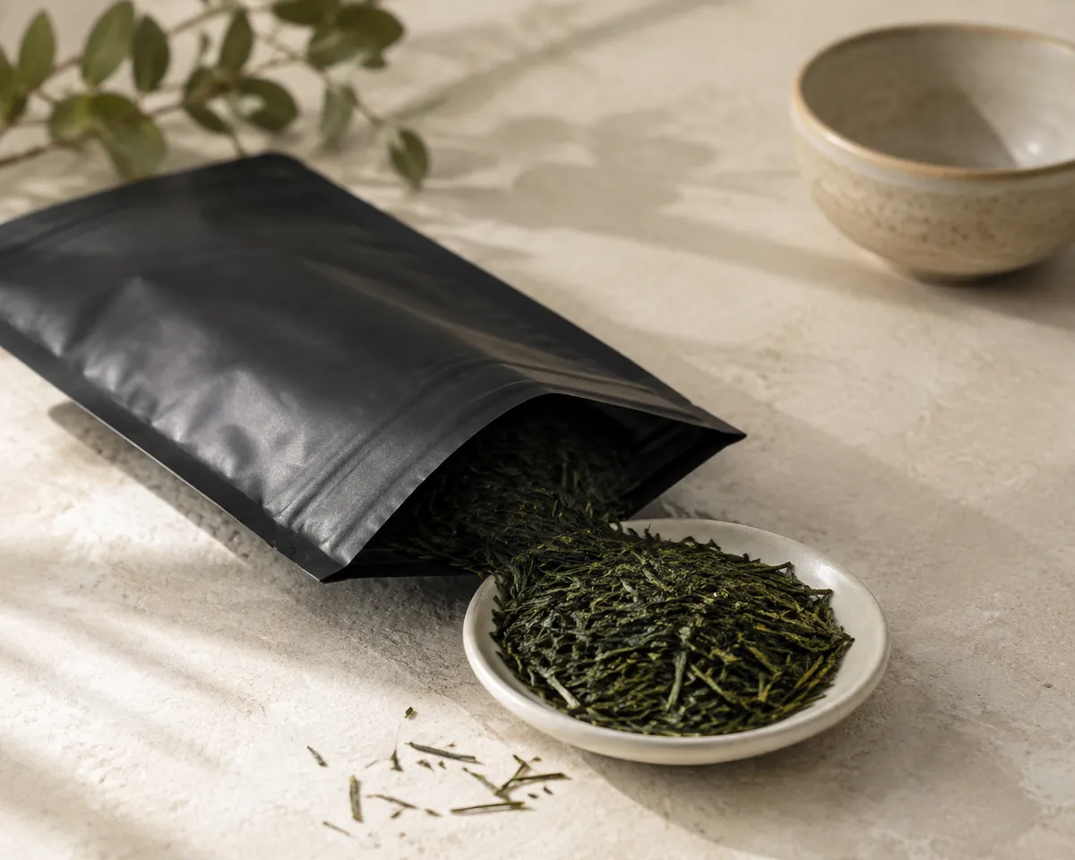 An unmarked matte foil pouch lying open on a counter with fine dark green needle-shaped tea leaves spilling onto a small dish
