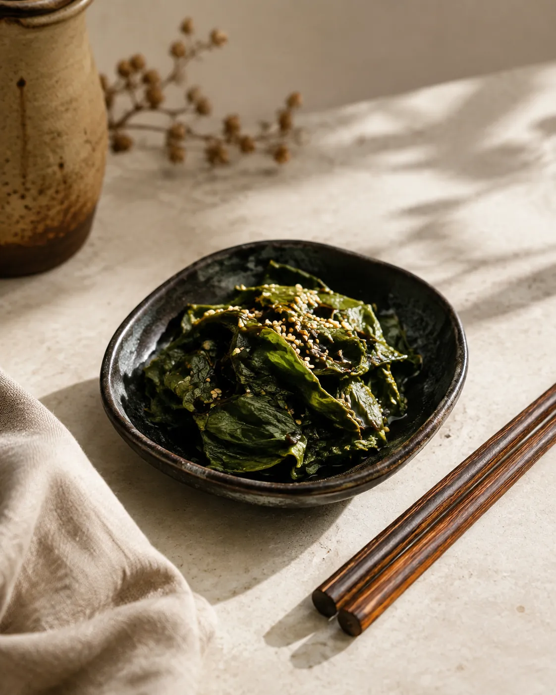 A small dark dish of soft bright green spent tea leaves dressed with a few drops of dark soy sauce and a scatter of sesame seeds