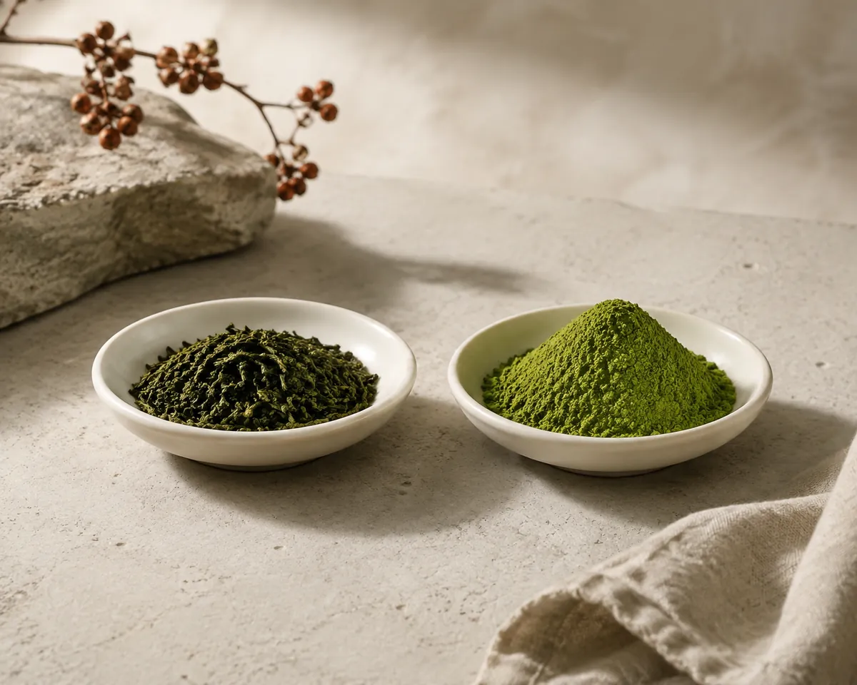 Two small white dishes side by side, one holding fine dark green rolled tea needles and one holding bright green powder