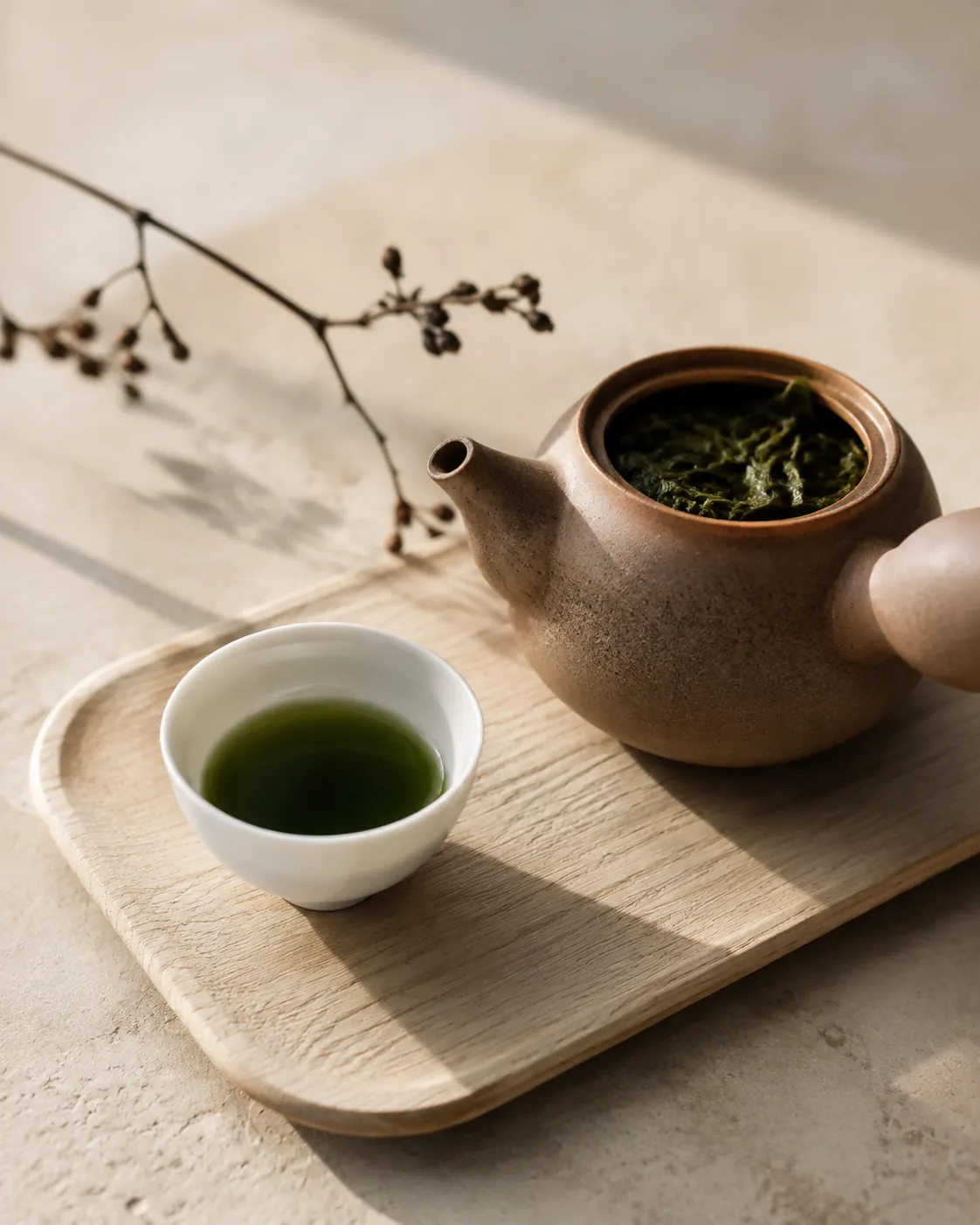 A tiny porcelain cup of dense jade-green gyokuro beside a small Japanese teapot packed with dark green leaf