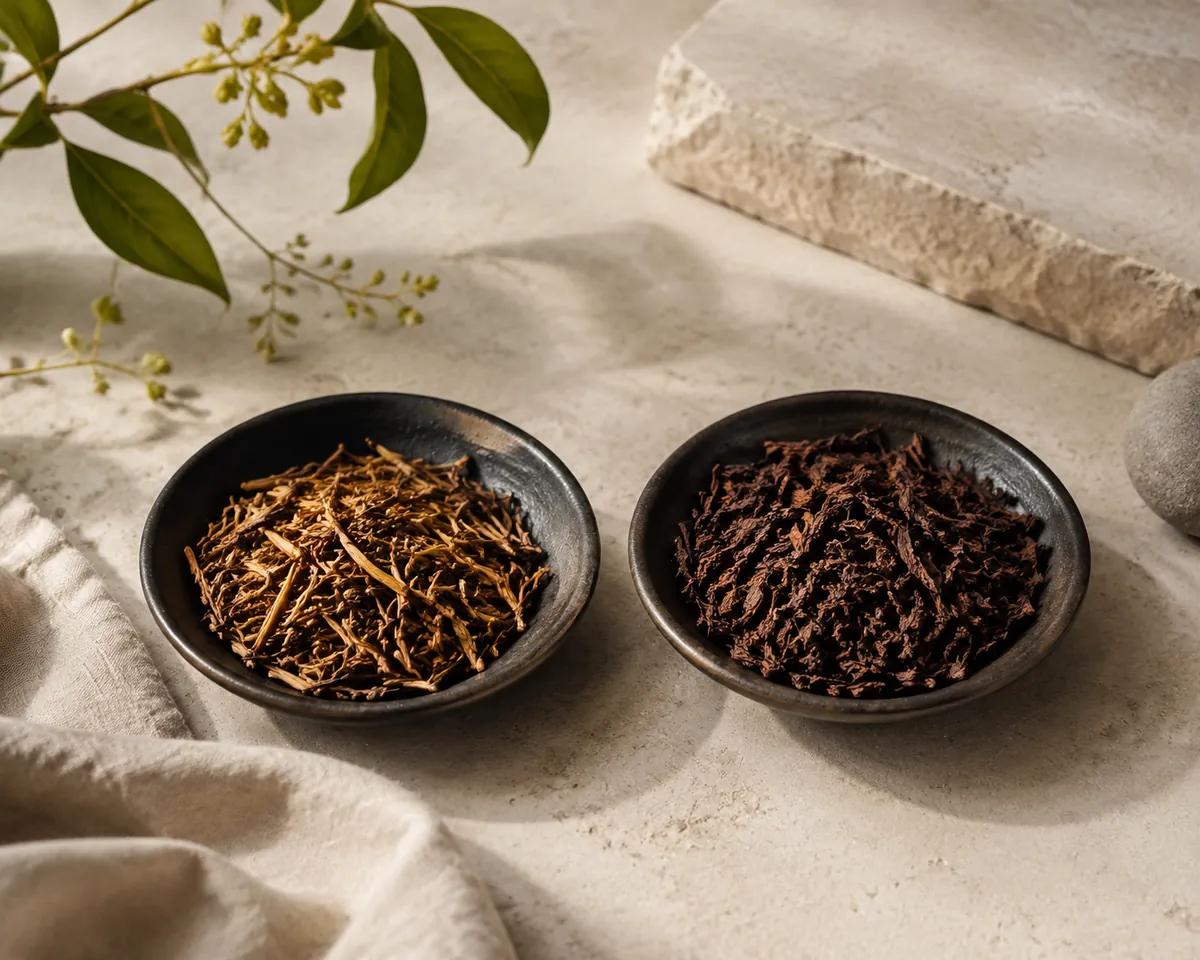 Two shallow dishes of roasted tea side by side, the left holding pale golden-brown stems and twigs and the right darker roasted leaf