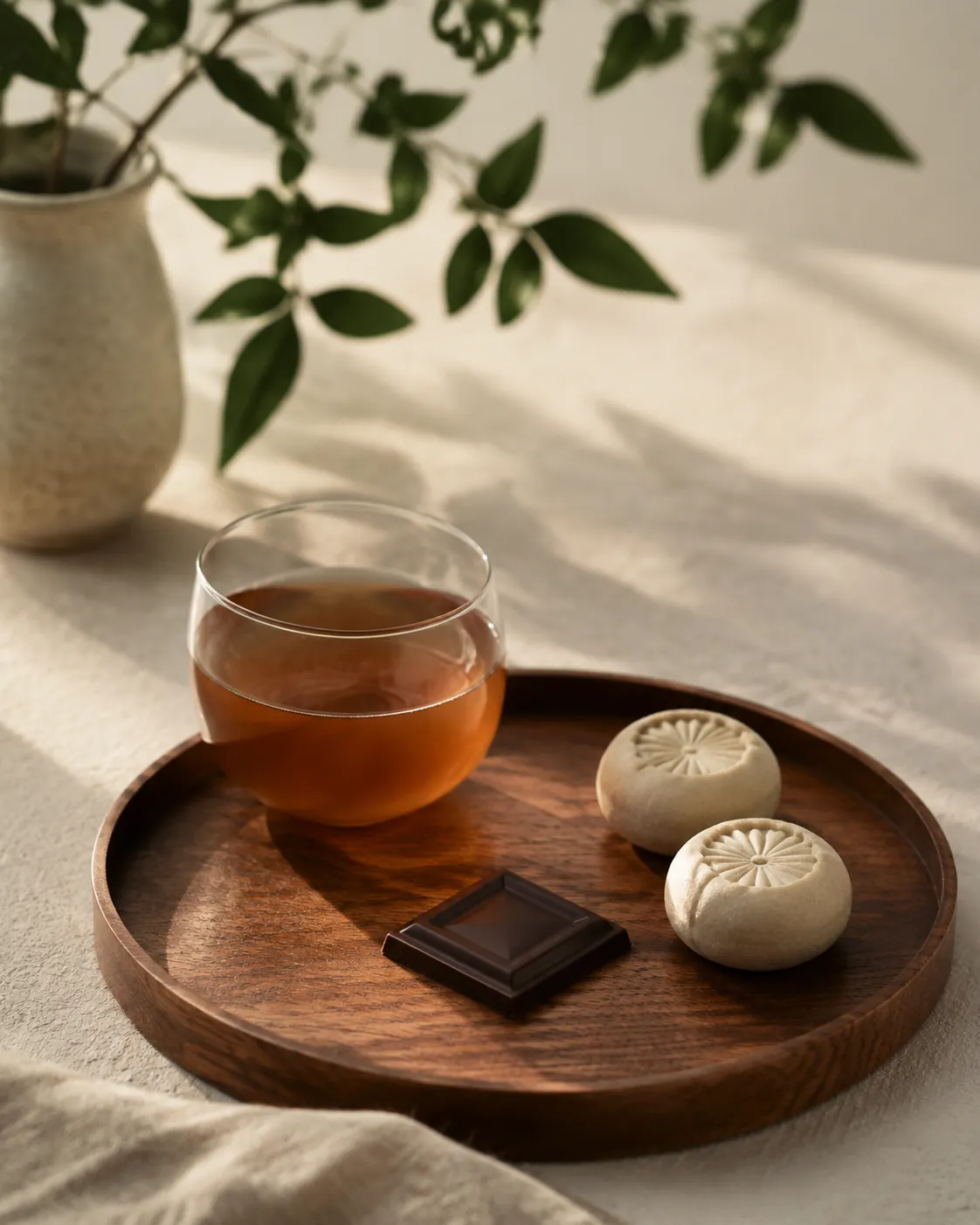A small cup of amber hojicha on a wooden tray beside two pale Japanese sweets and a square of dark chocolate