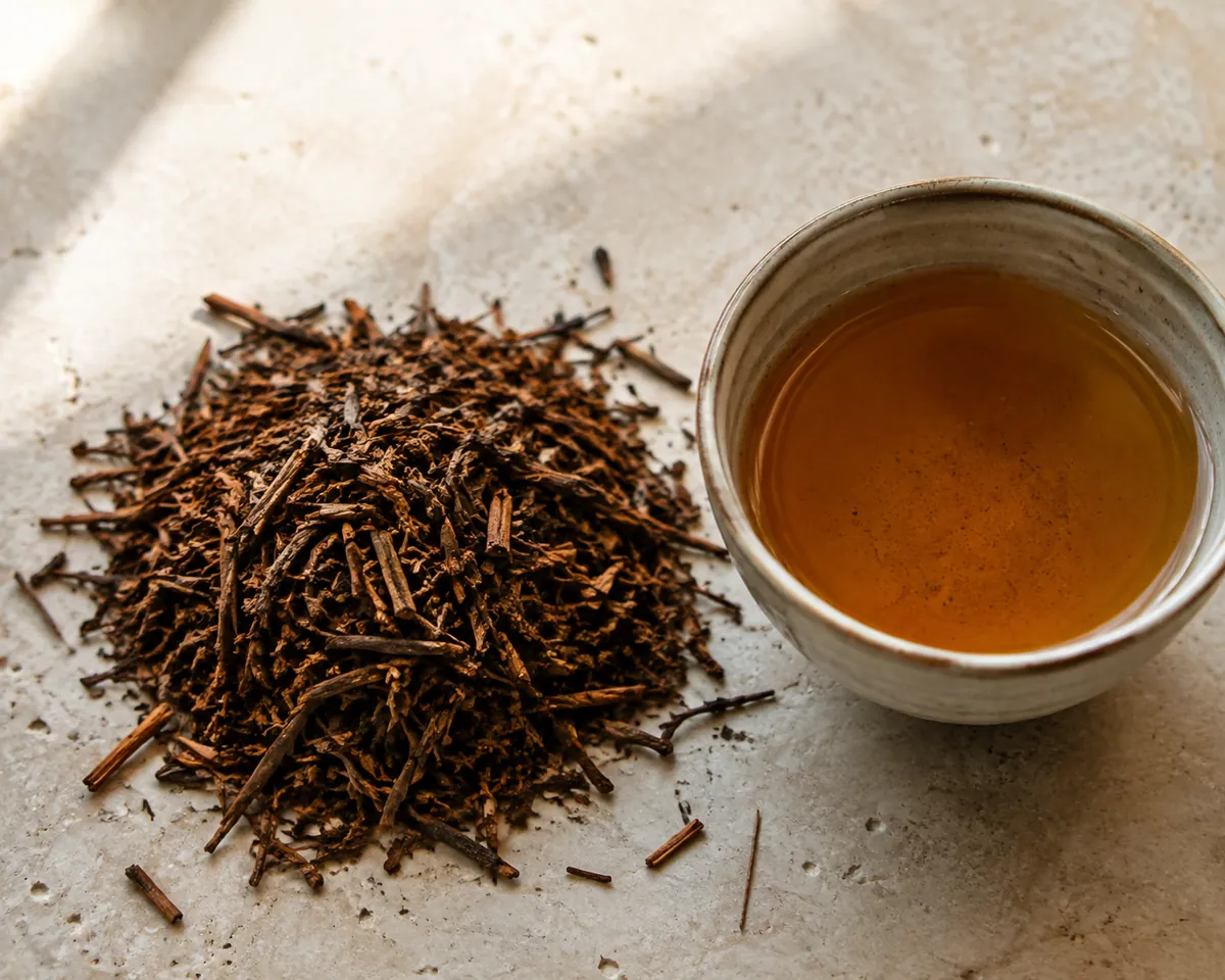 Reddish-brown roasted hojicha leaves beside a cup of amber liquor