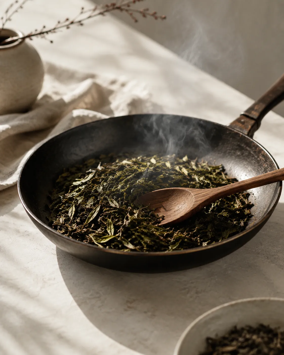 A dry pan of green tea leaf part way to brown, a wooden spoon stirring it