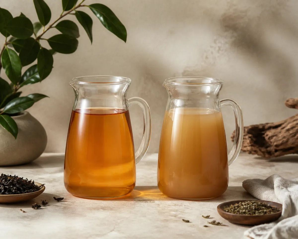 Two glass jugs of tea side by side on a pale surface, one clear amber and one clouded to a dull opaque tan