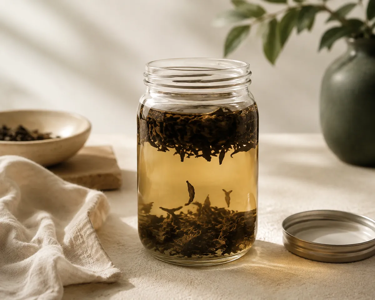 A clear glass jar of whole tea leaves suspended in cold water on a fridge shelf, the liquid pale gold and unclouded
