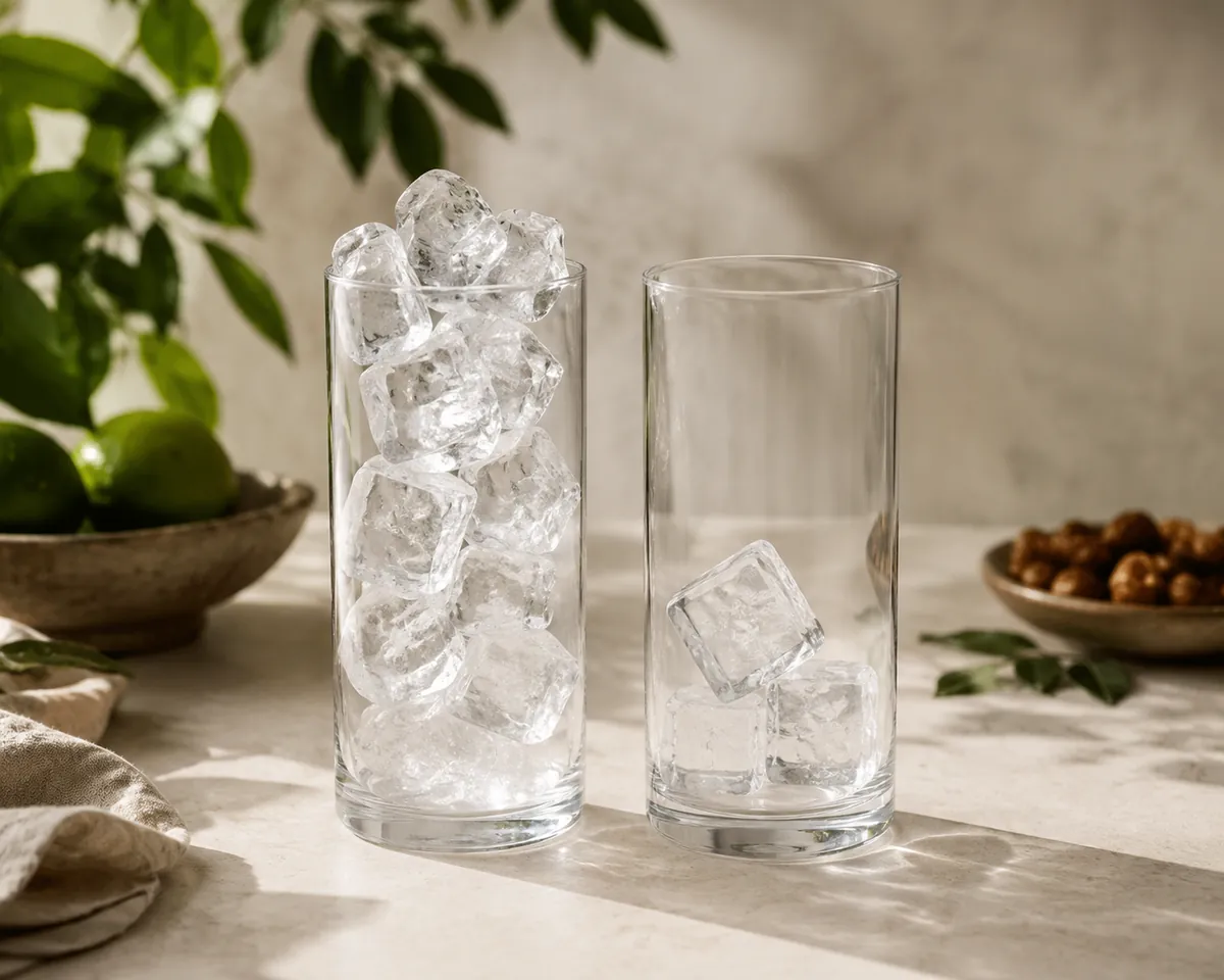 Two identical tall glasses side by side, the left packed to the brim with large clear ice cubes and the right holding only three cubes