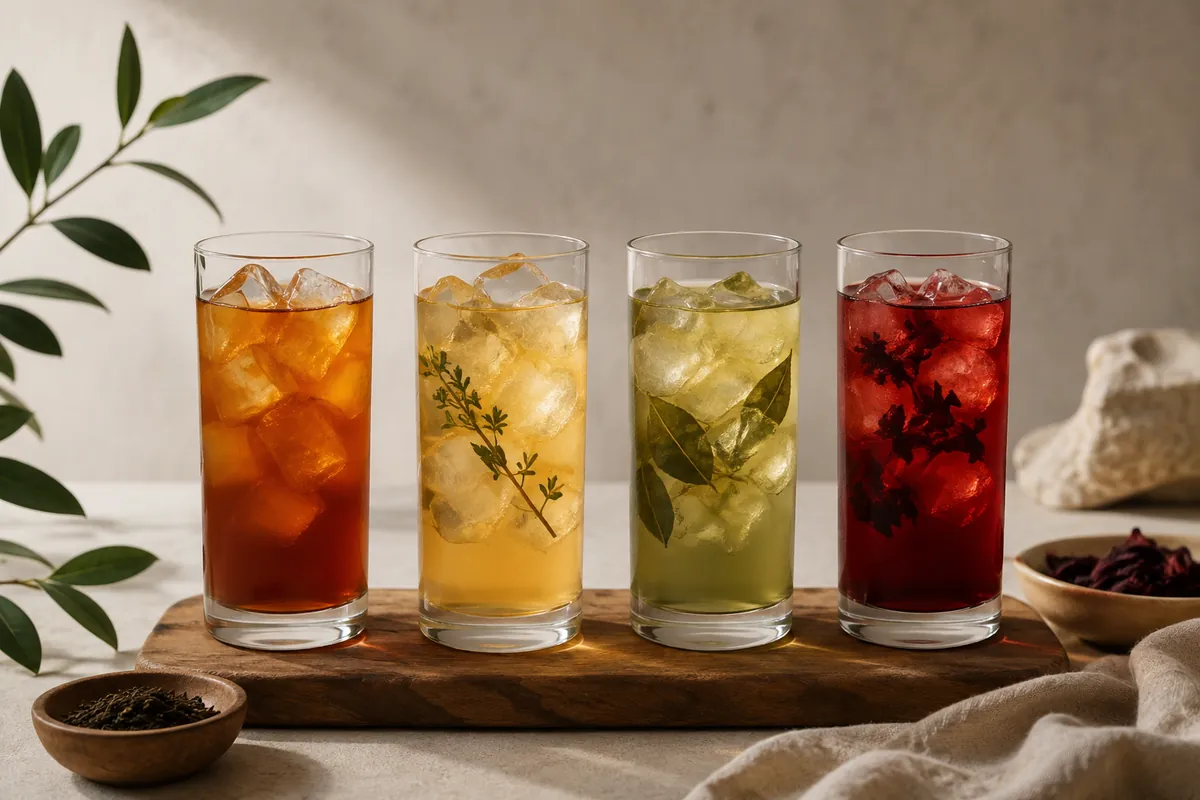 Four tall glasses of iced infusion in a row, from deep amber through pale gold and green to a vivid crimson hibiscus
