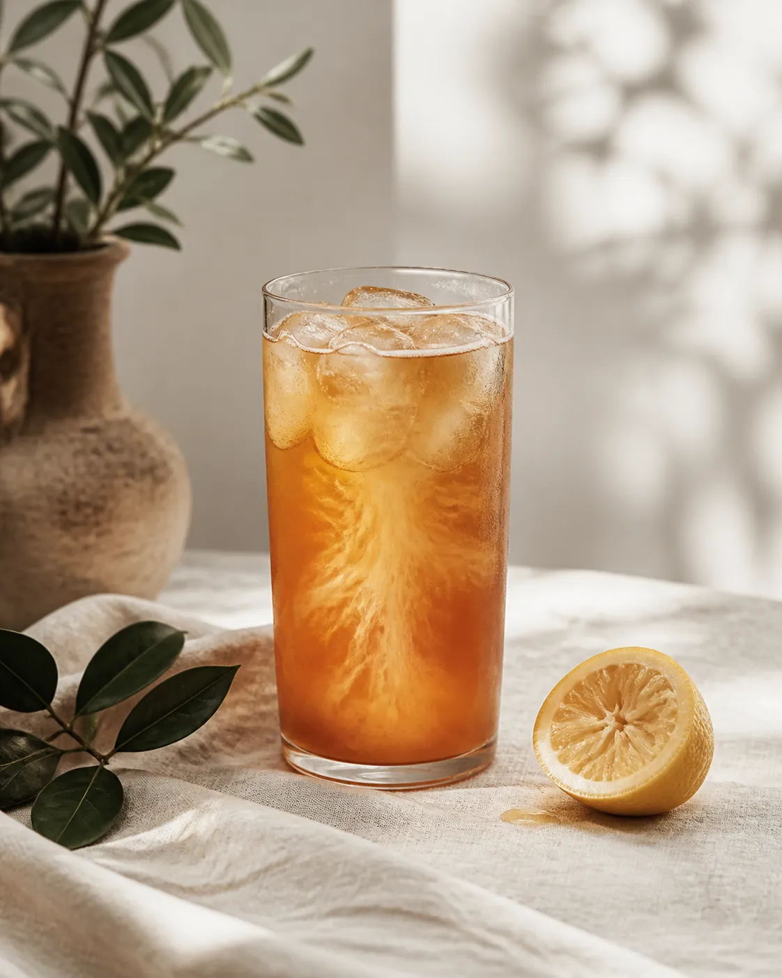 A glass of hazy tan iced tea with a clear bright patch spreading outward from where lemon juice has landed, a squeezed lemon half beside it