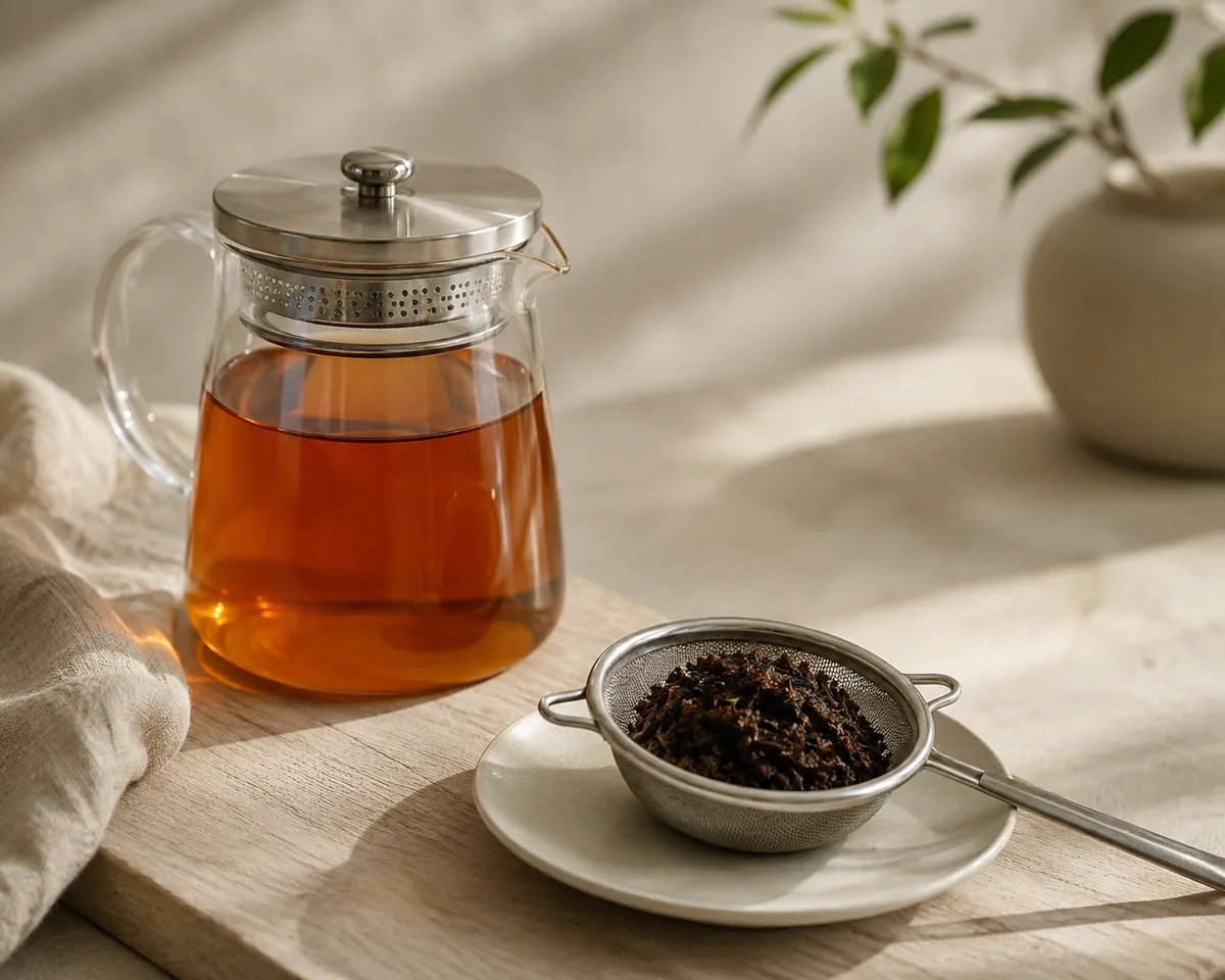 A glass jug of amber tea beside a small mesh strainer holding wet dark spent tea leaves on a white plate