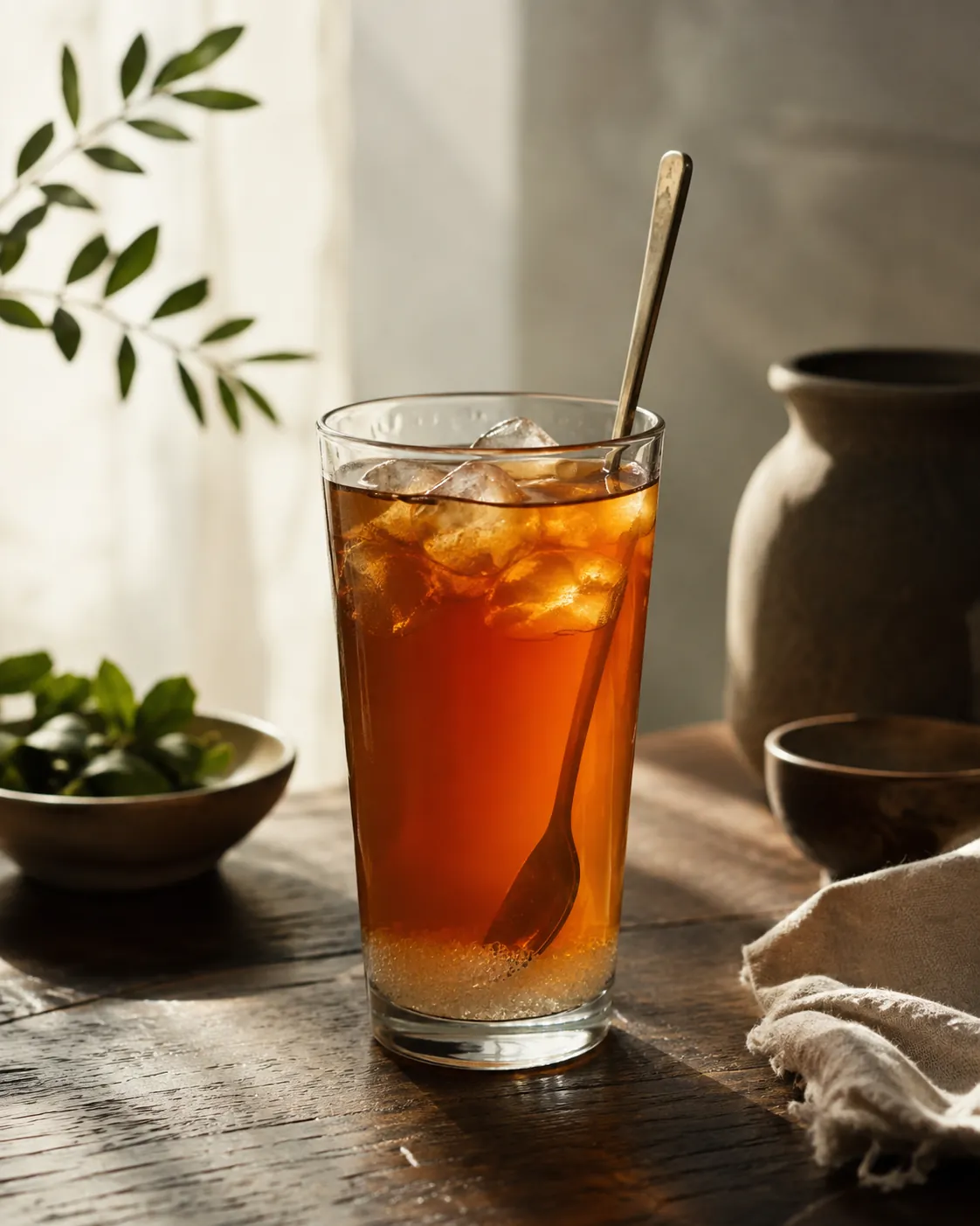 A glass of cold amber tea with a visible layer of undissolved white sugar crystals settled at the bottom and a long spoon standing in it