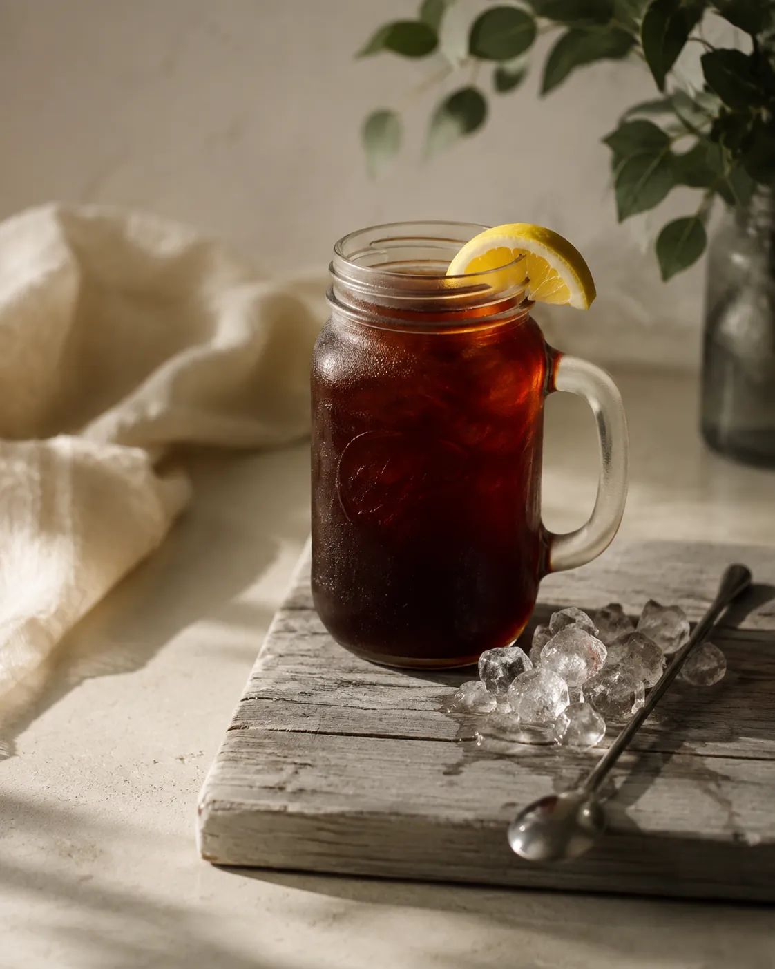 A frosted glass jar of dark sweet tea with a lemon wedge on the rim, standing on weathered wood beside a stack of ice cubes