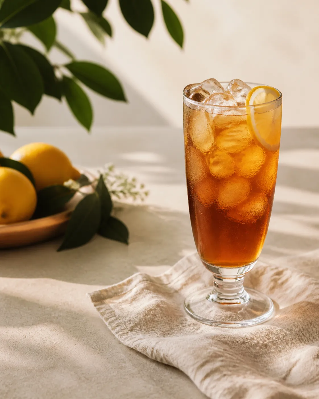A tall glass of clear amber iced tea packed with ice and a lemon slice