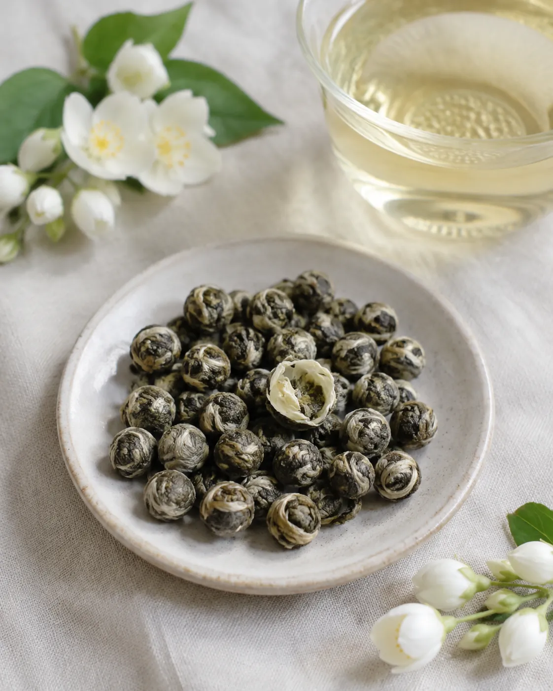 Rolled jasmine tea pearls beside loose scented leaf and white jasmine flowers