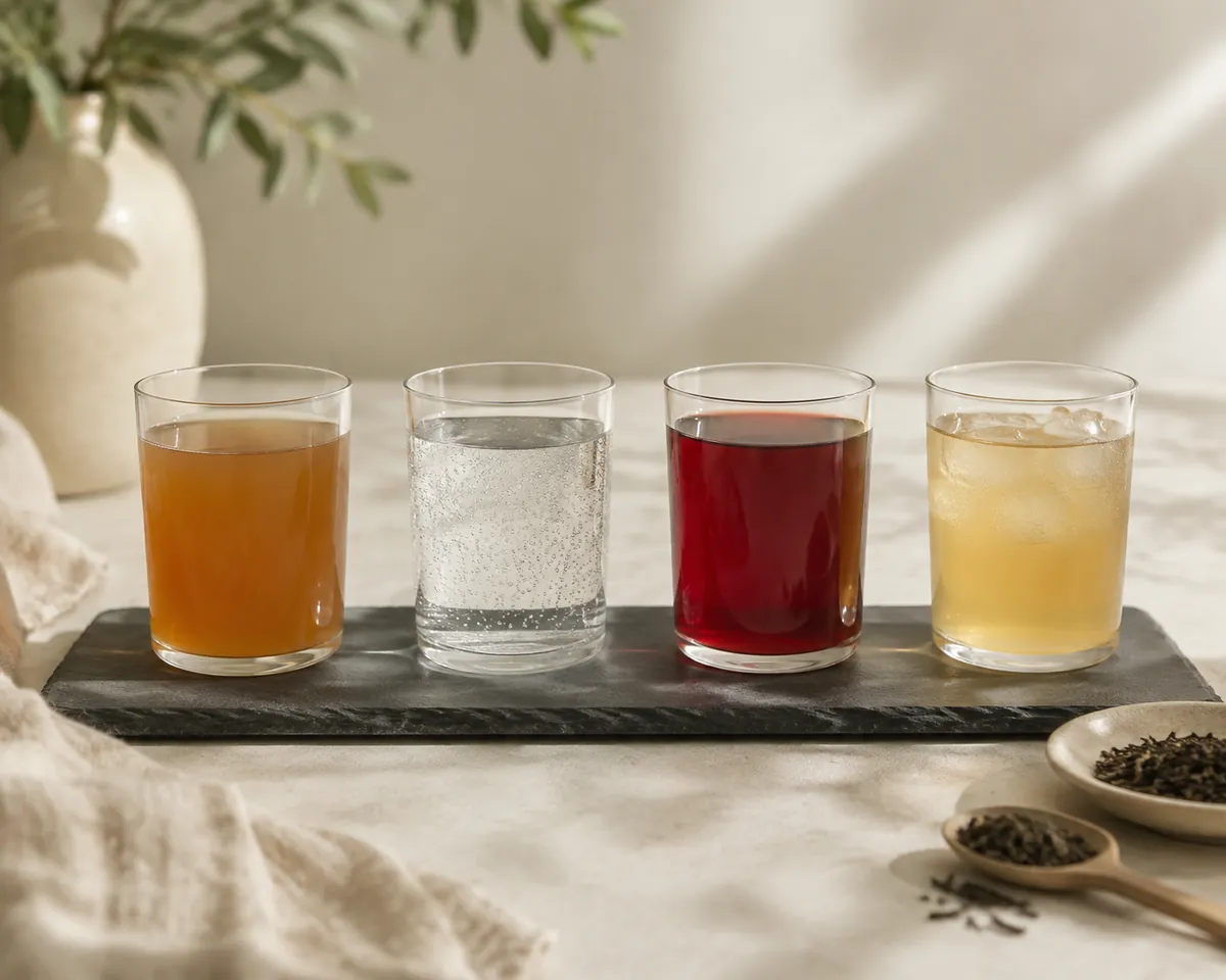 Four glasses in a row on dark slate: cloudy amber kombucha, clear sparkling water, deep red hibiscus and pale iced tea
