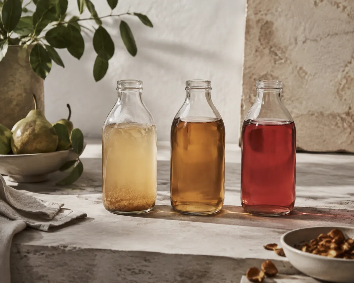 Three unlabelled bottles on pale stone, one cloudy with visible sediment, one clear amber and one deep pink