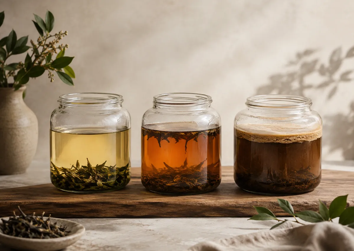 A row of three wide glass jars of tea at different stages, the left pale and clear, the right dark and cloudy with a thick surface mat