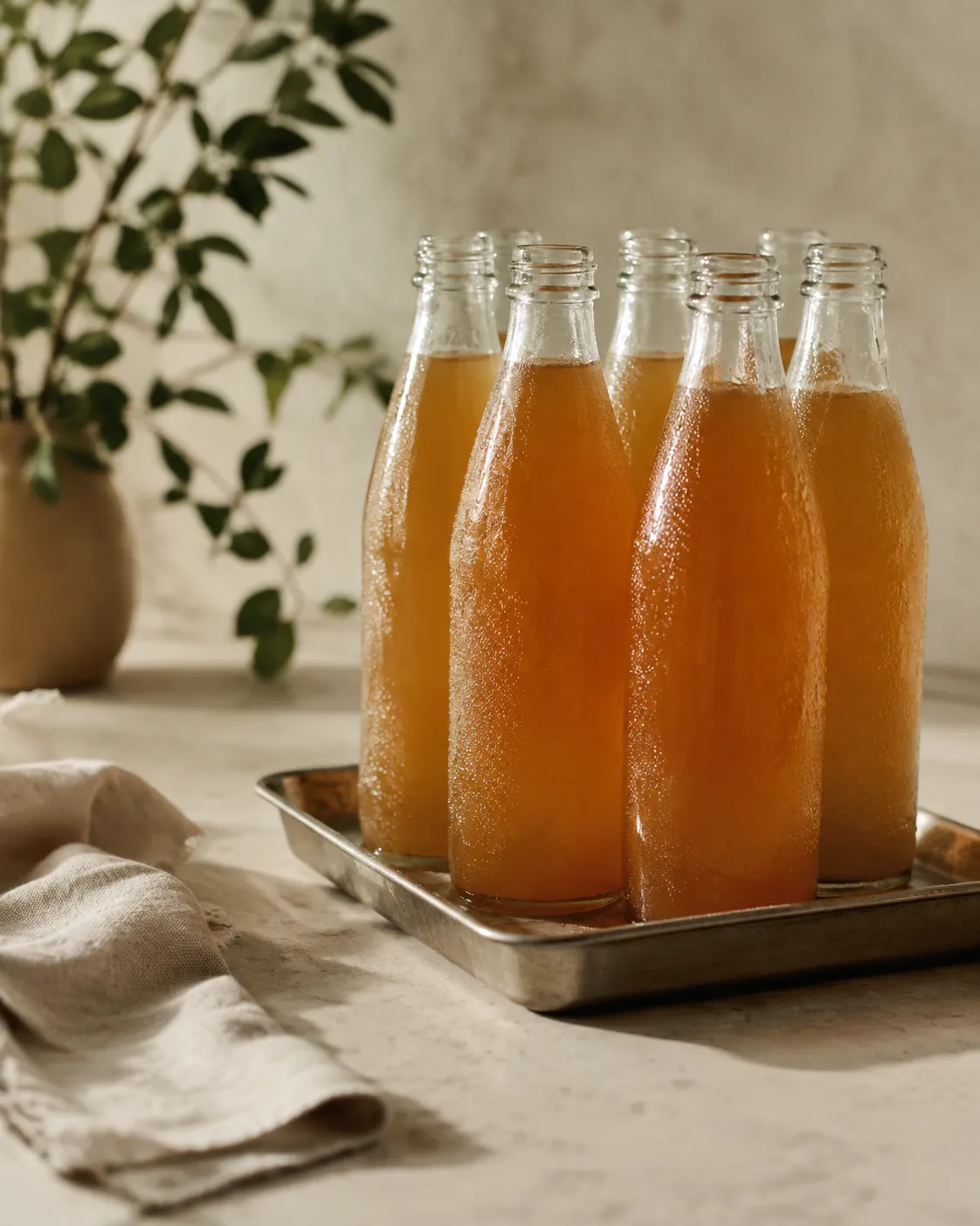 Unlabelled bottles of cloudy amber kombucha standing upright on a cold shelf with condensation running down the glass