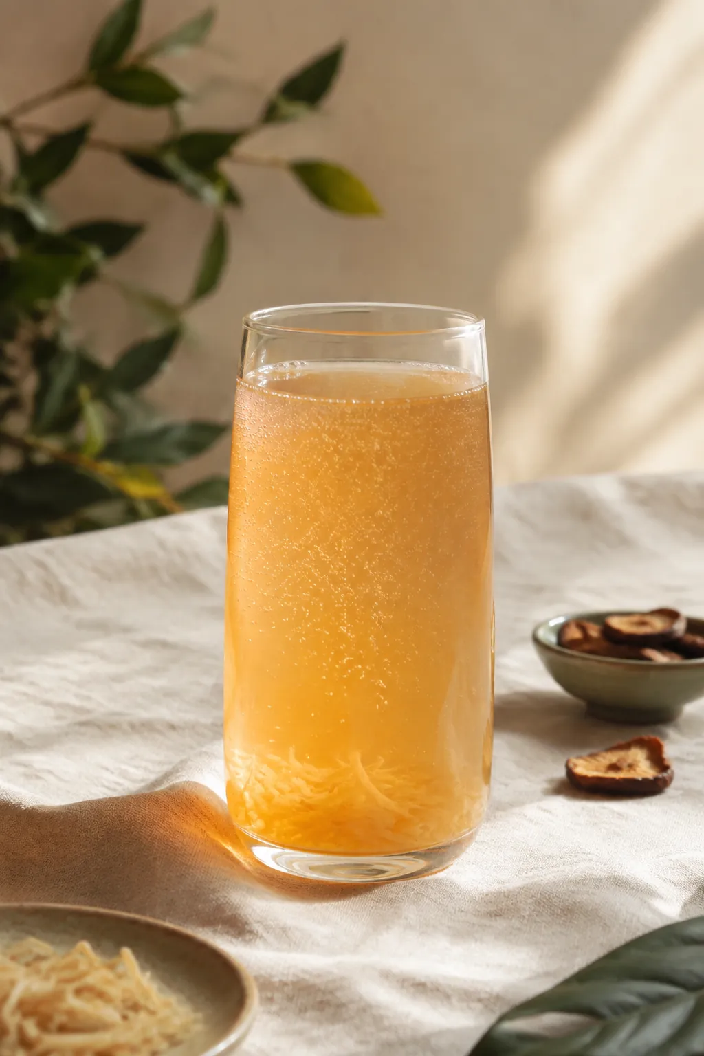 A glass of cloudy amber kombucha with fine bubbles rising and a few pale strands suspended near the bottom