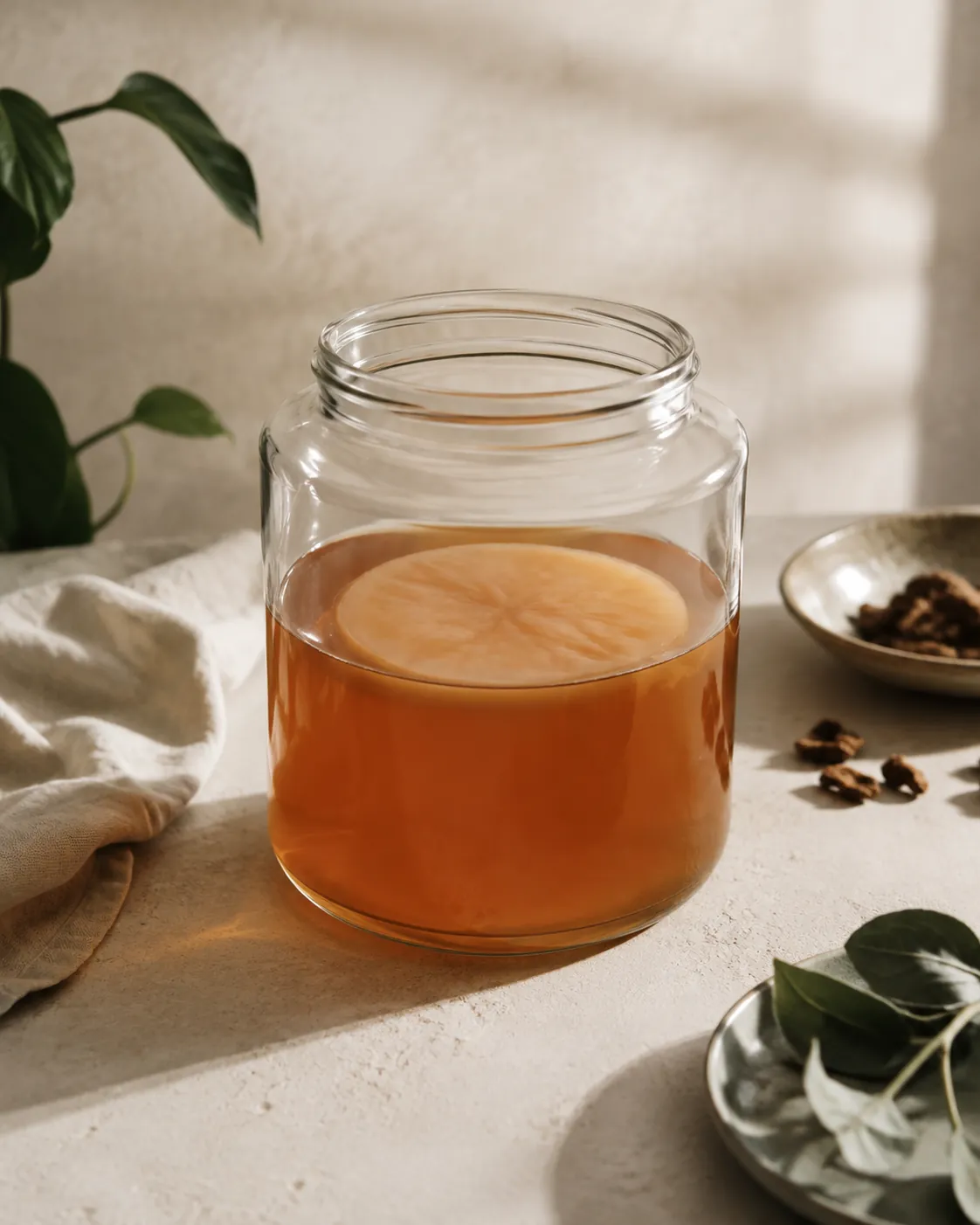 A pale rubbery culture disc floating on the surface of amber liquid in a wide glass jar