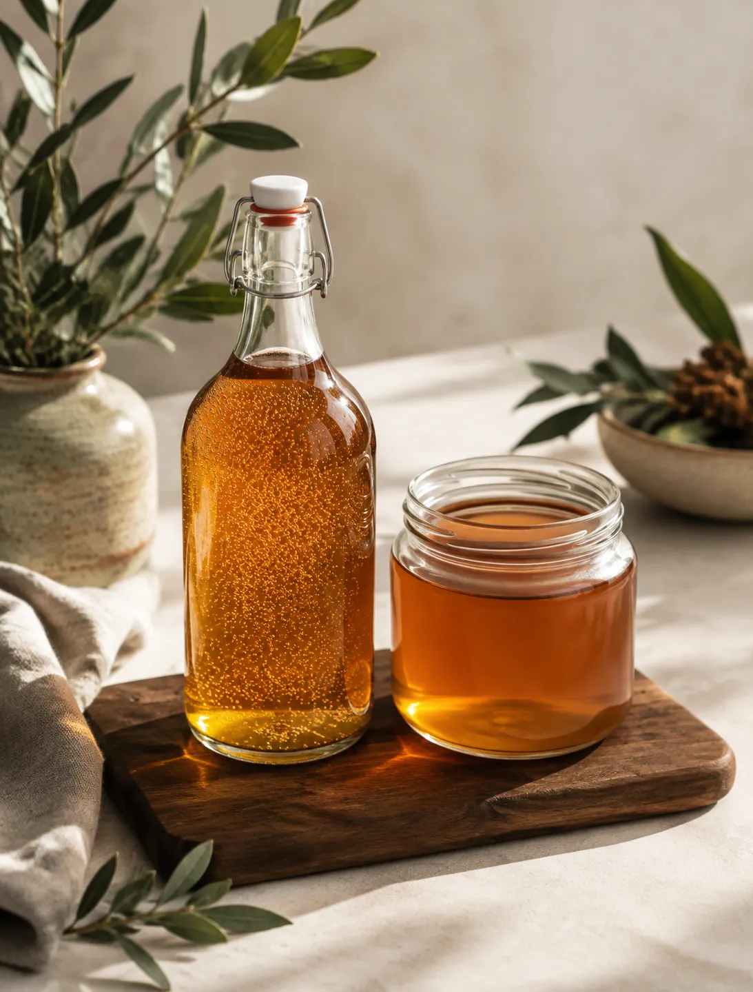 A sealed swing-top bottle of amber kombucha crowded with fine bubbles beside an open jar of the same liquid lying flat and still