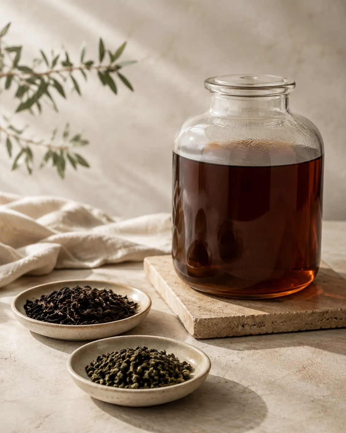 A large glass jar of dark sweetened tea beside two dishes of dry leaf, one black and twisted, one green and rolled