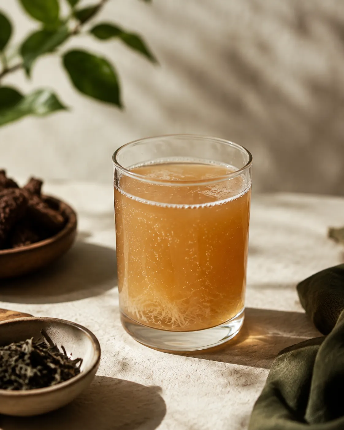 A glass of cloudy amber kombucha with fine bubbles rising and pale strands suspended in it