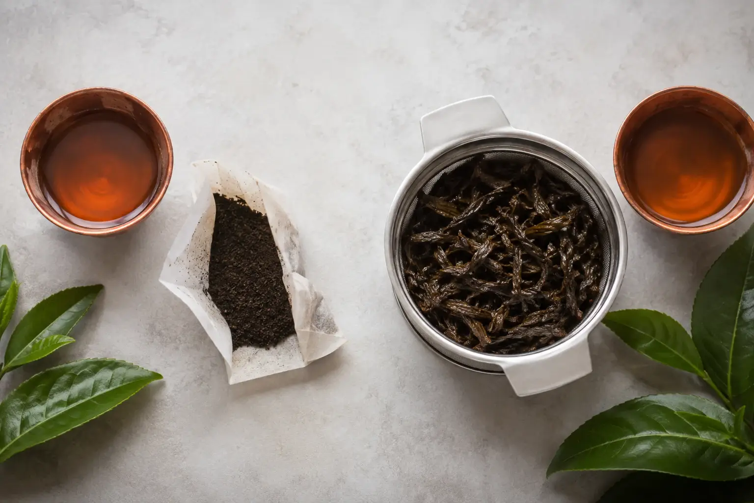 Assam tea bag, pyramid sachet, and loose orthodox leaf compared beside three brewed cups