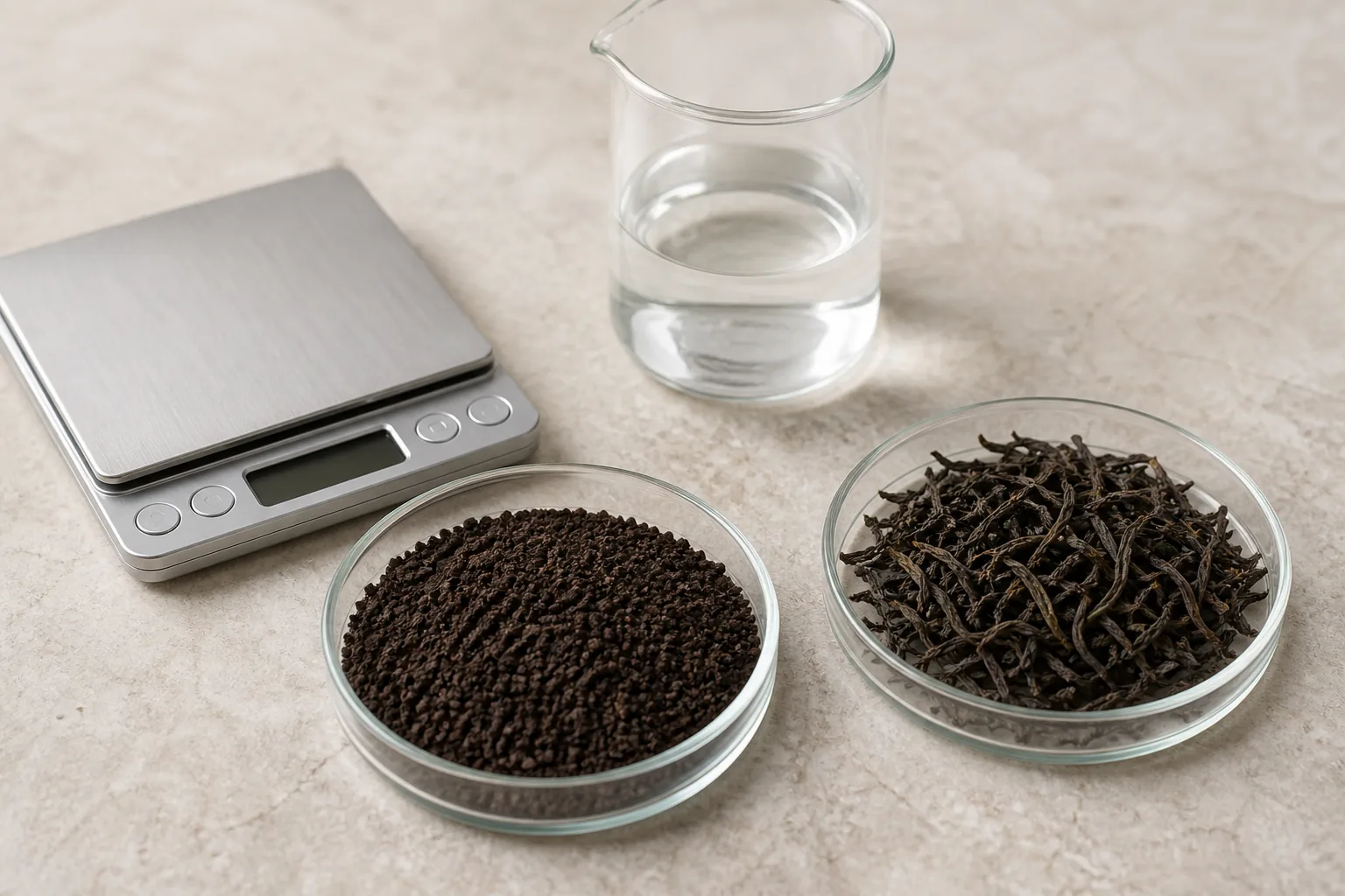 Measured Assam CTC granules and long orthodox leaves beside a digital scale and glass beaker