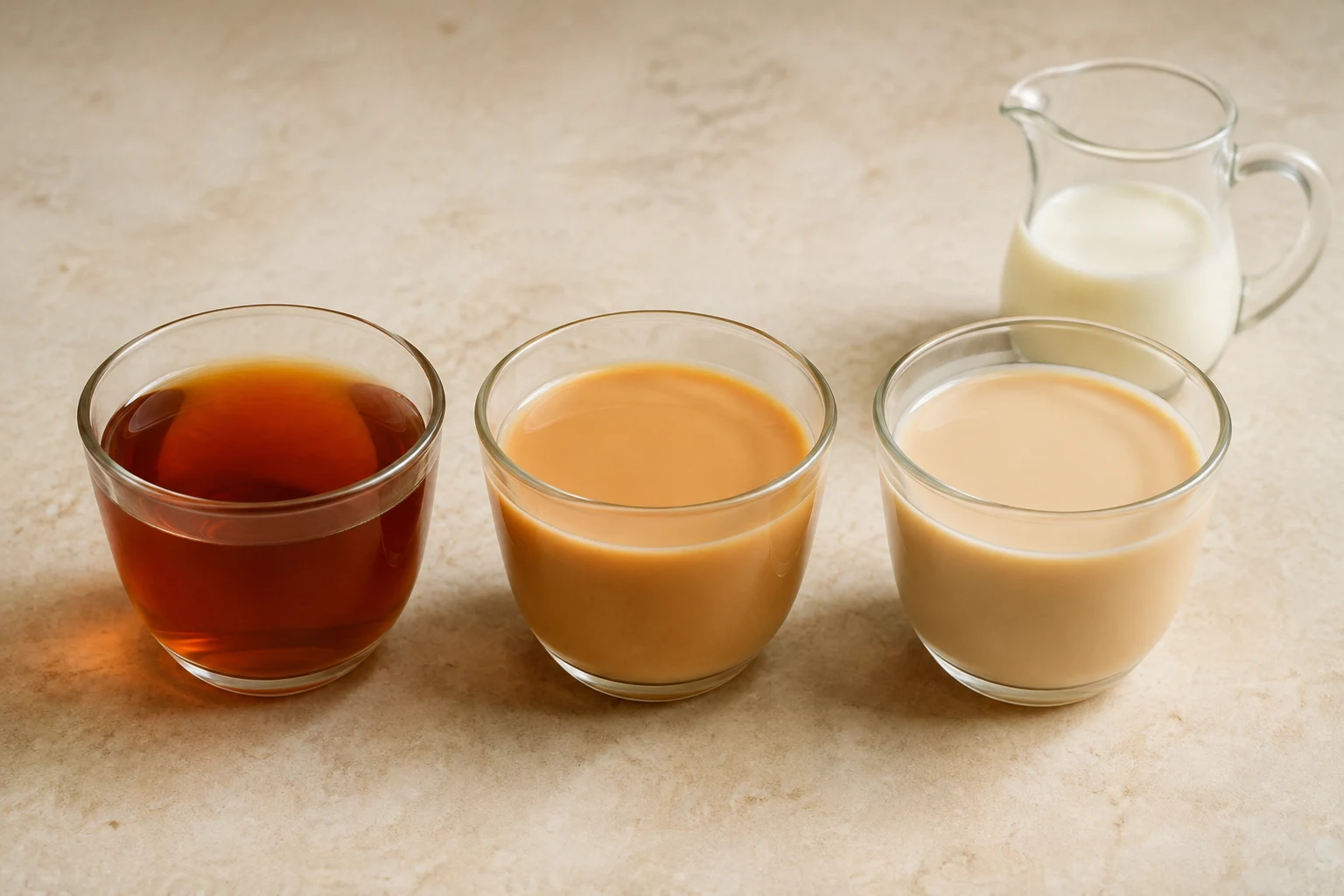 Three Assam cups with measured small, medium, and large milk additions showing progressive dilution