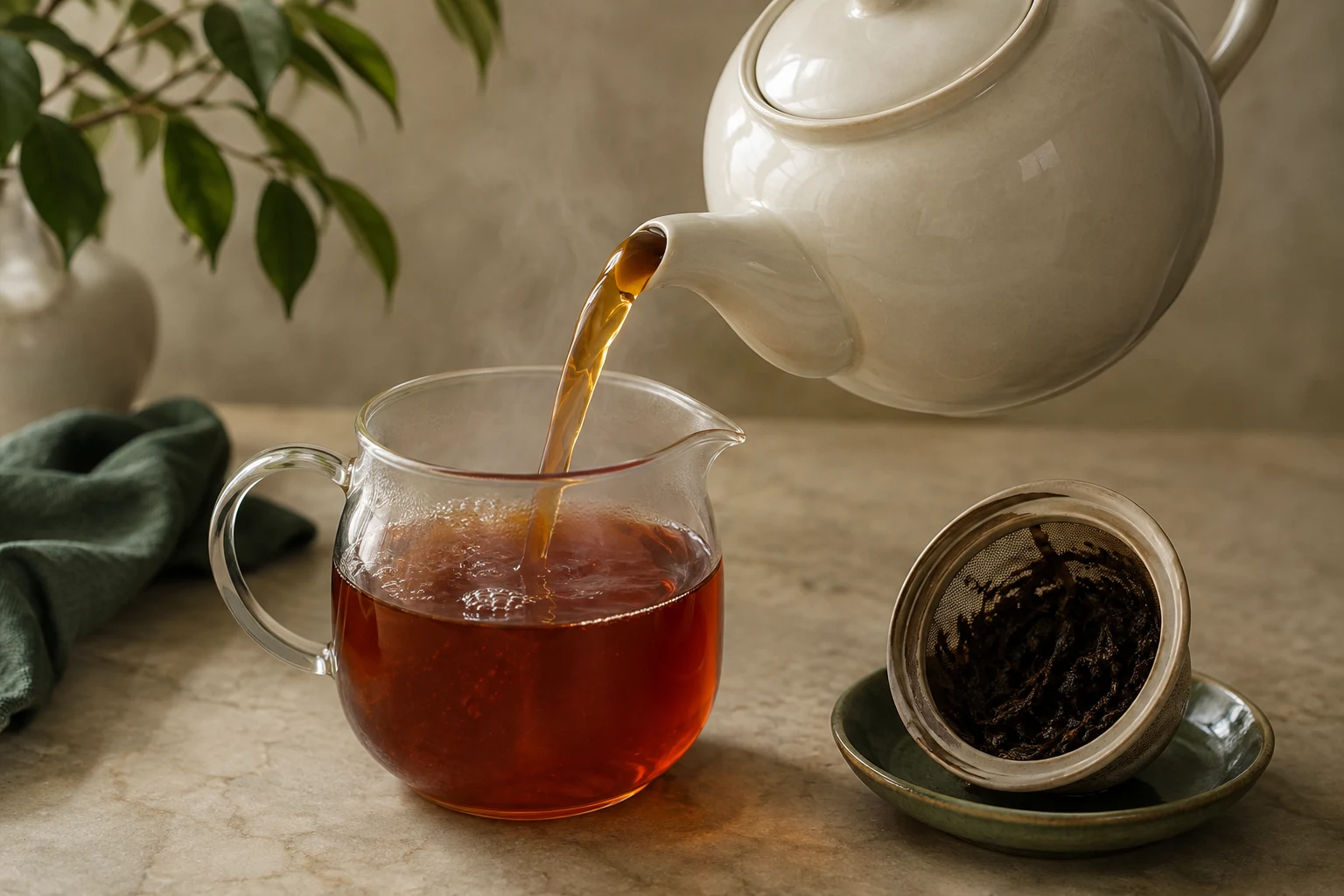 Freshly brewed Assam tea being fully decanted from a leaf pot into a separate serving pot