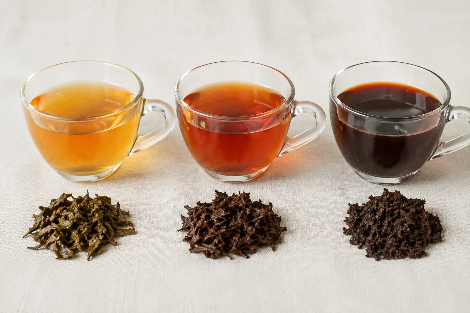 Three clear cups showing weak, balanced, and over-steeped Assam tea with their spent leaves