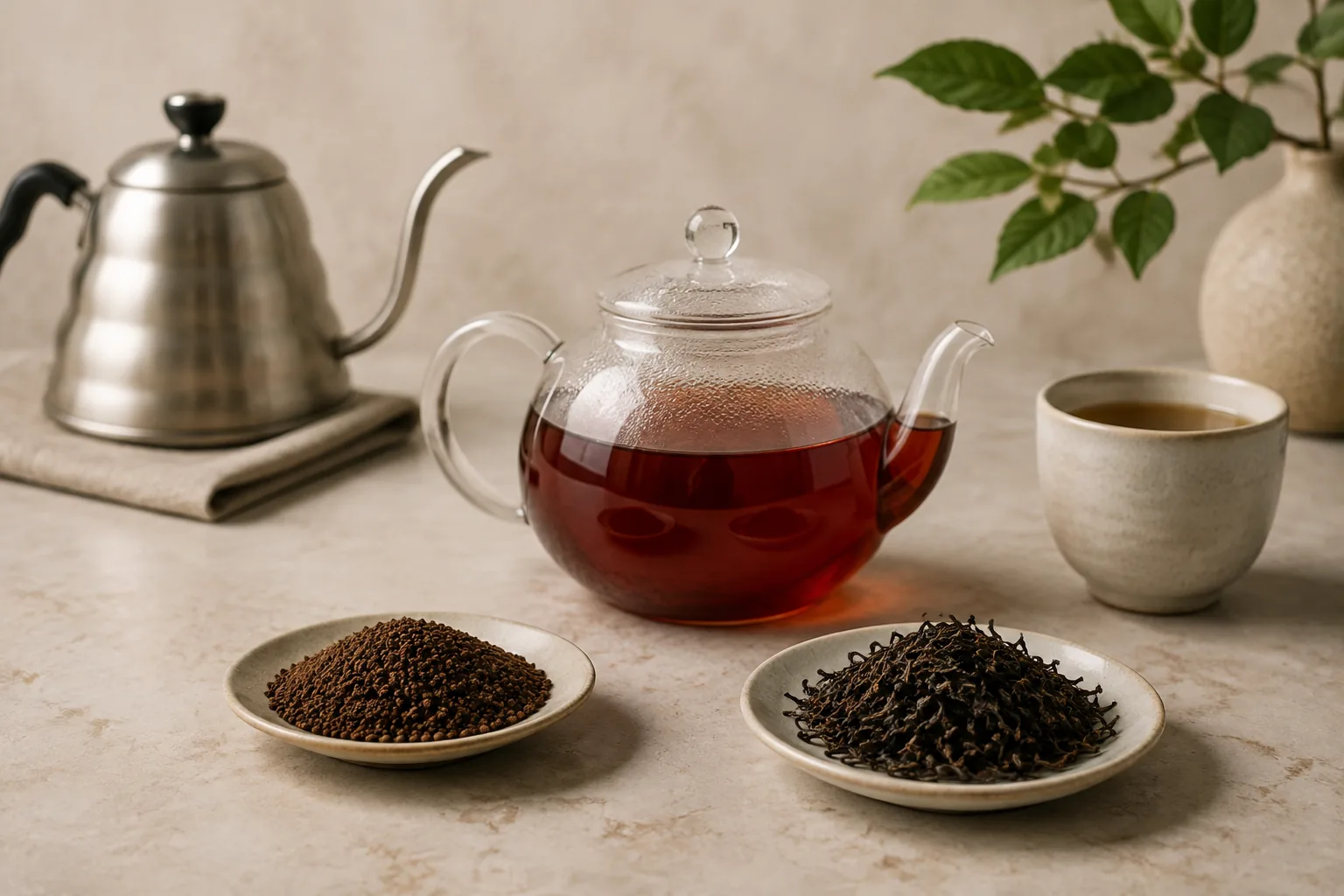 A clear pot of copper-red Assam tea with separate dishes of CTC granules and orthodox leaf