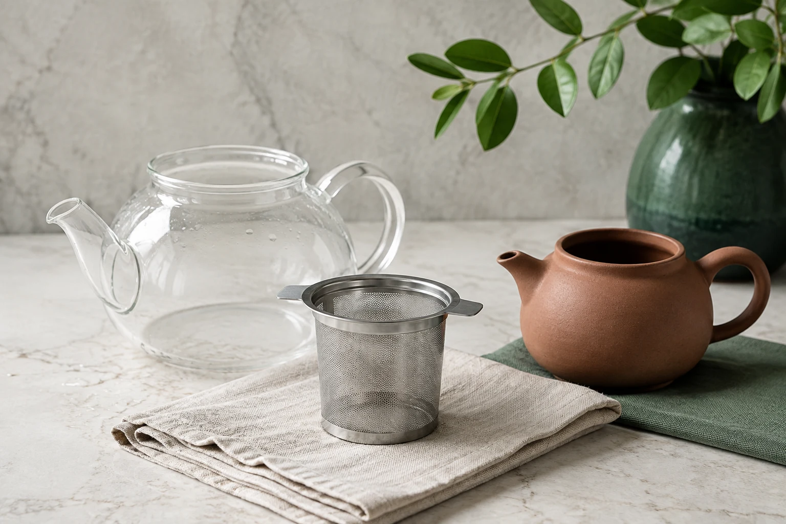 Clean glass and porcelain tea vessels beside a stained infuser awaiting a thorough rinse