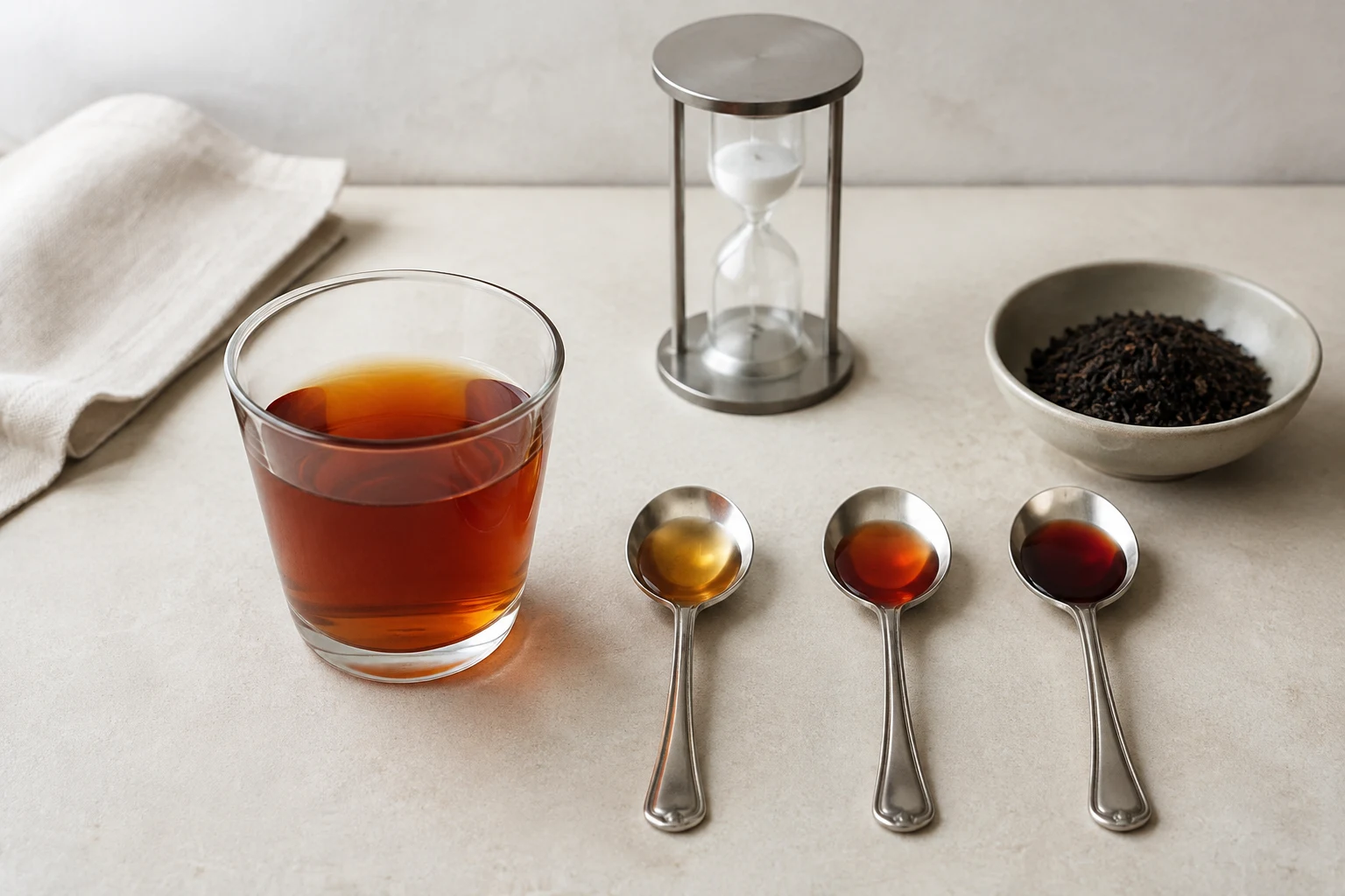 A sequence of black tea cups showing extraction developing from pale aromatic tea to dark drying tea