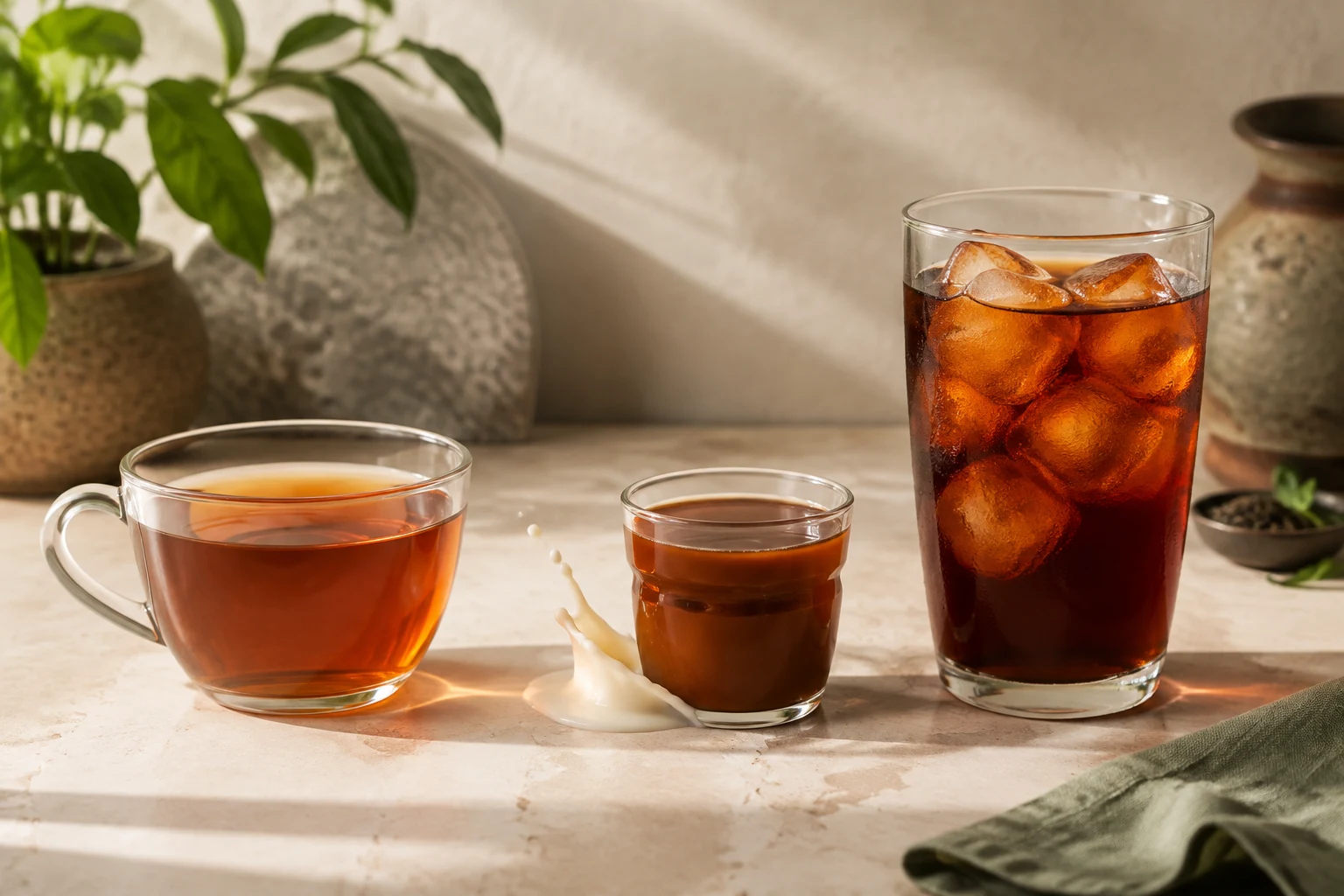 Plain hot black tea, milk tea, and black tea poured over ice prepared at different strengths