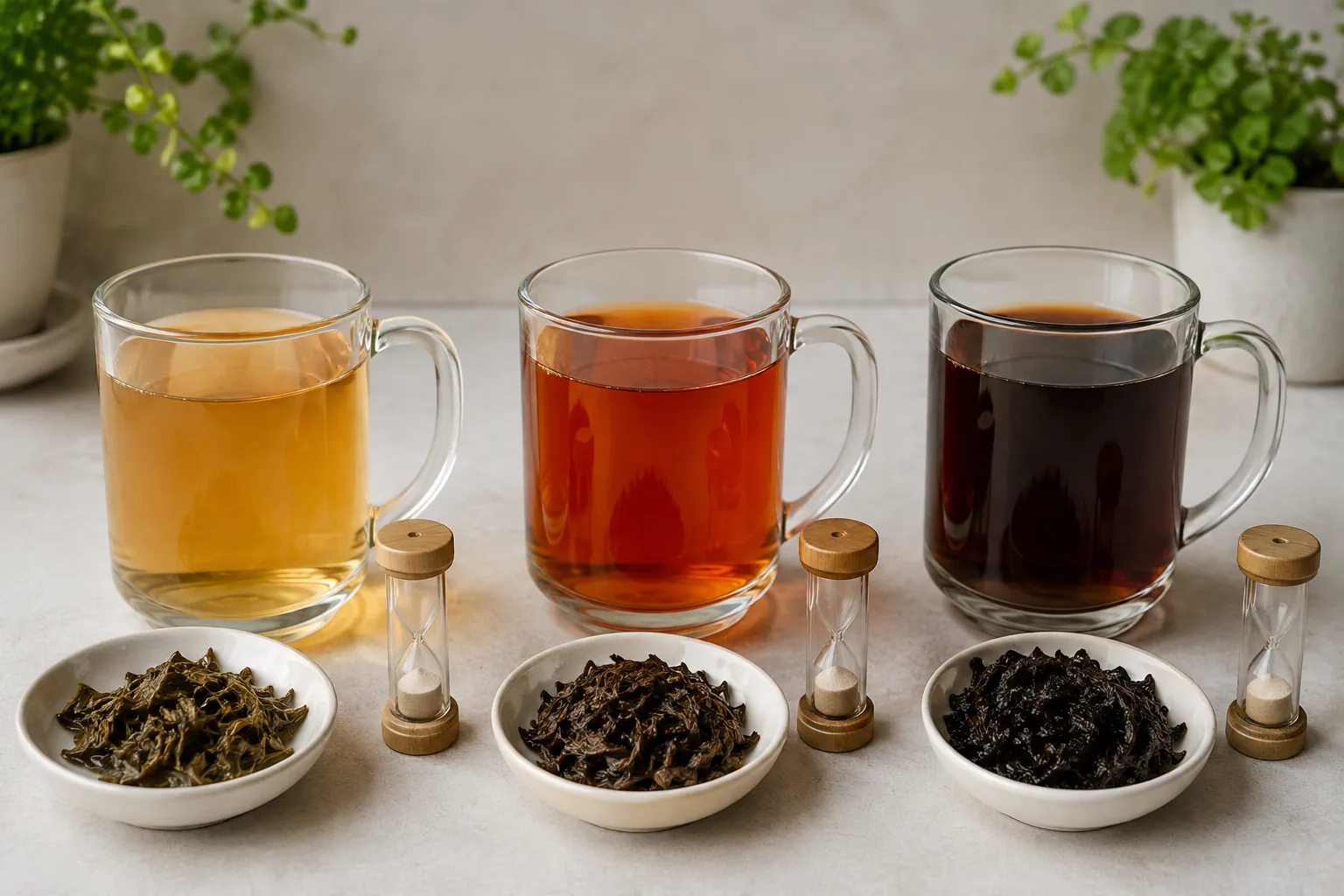 Three clear mugs showing short, balanced, and excessive black tea extraction