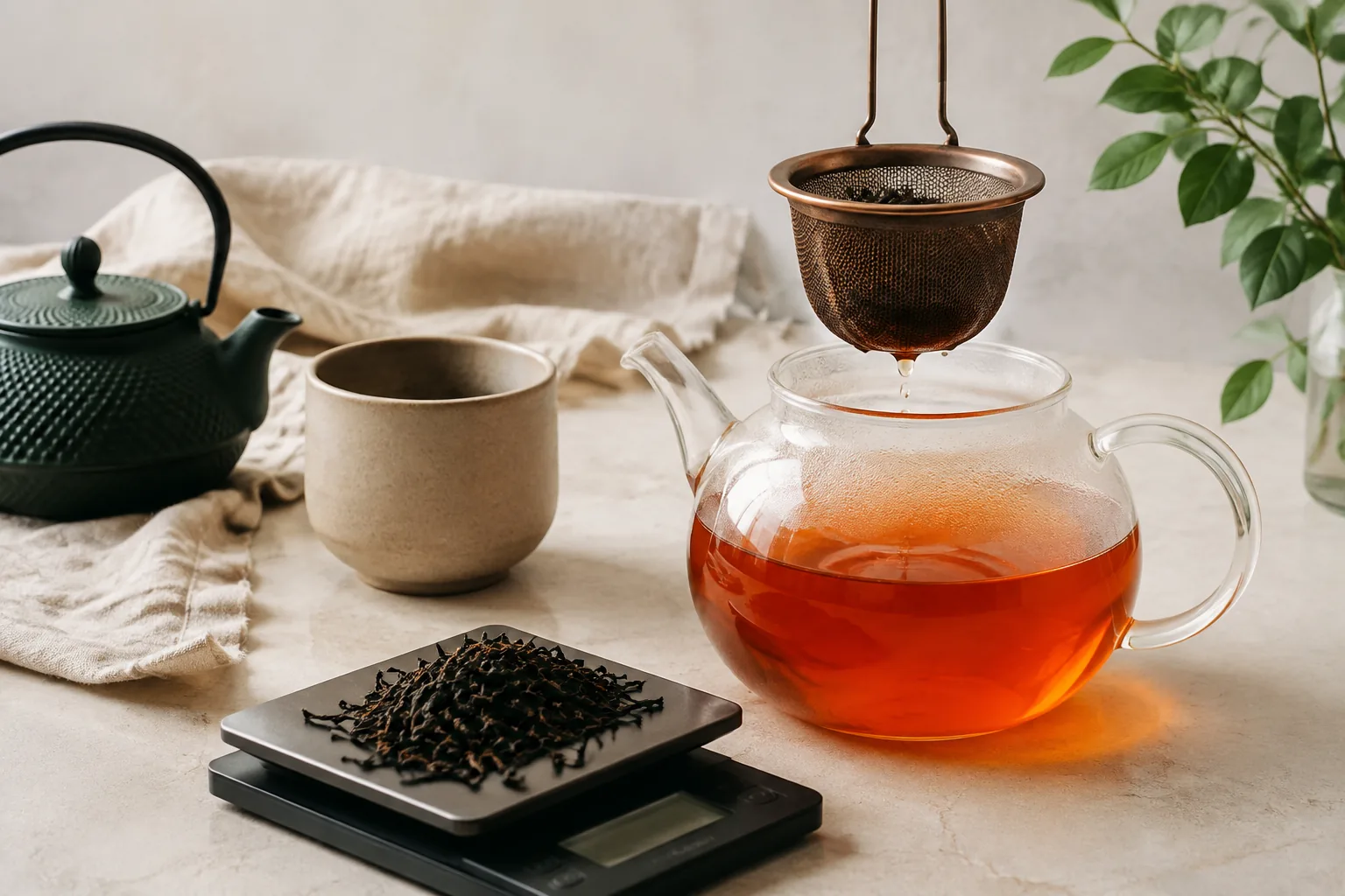 A basket infuser draining above a clear pot of bright amber-red black tea