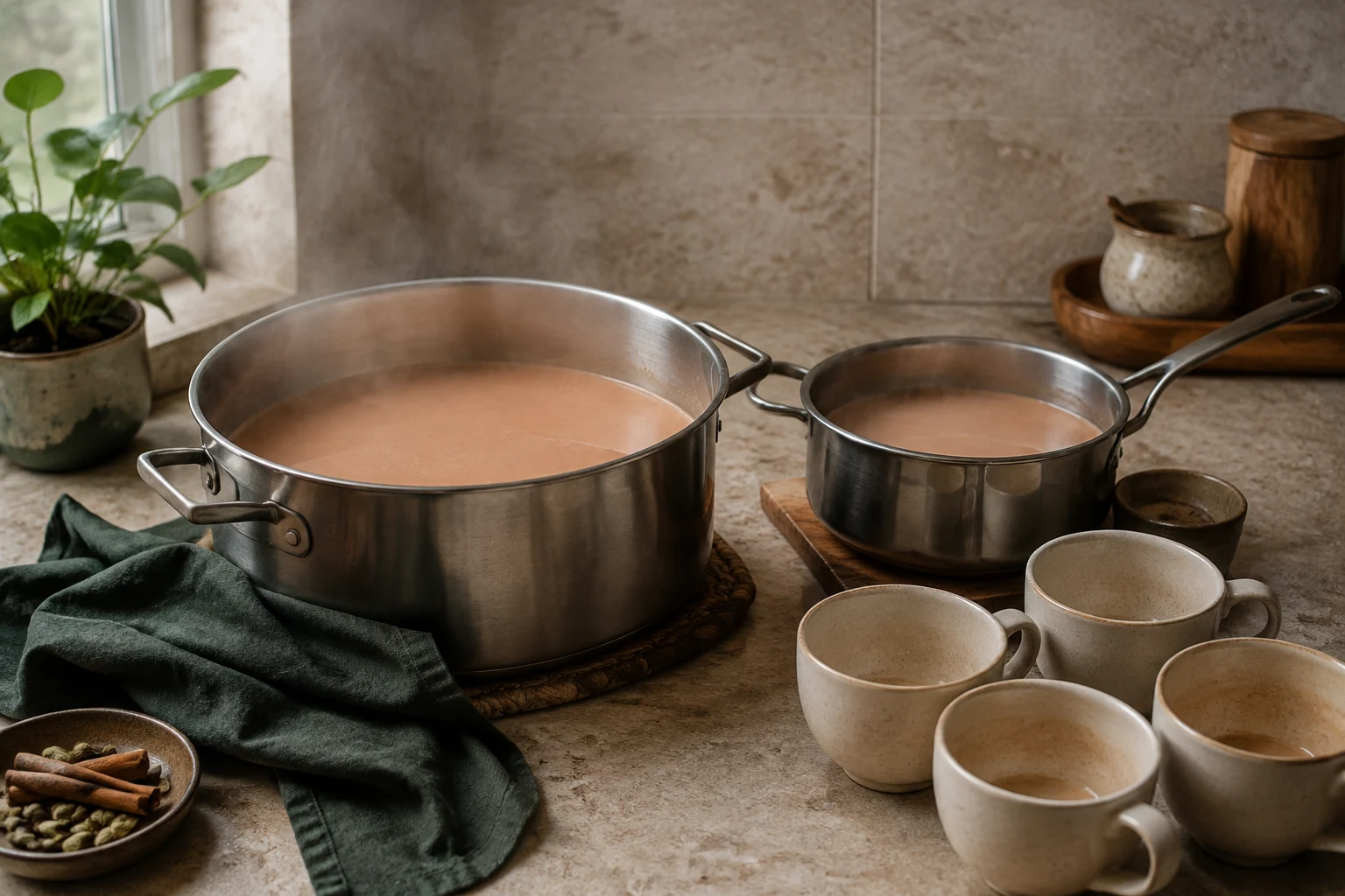 A larger saucepan of chai with measured tea, spices, water, and milk portions ready for a batch