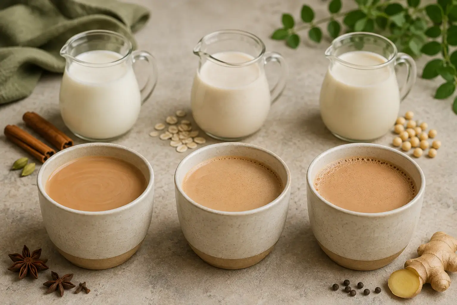 Dairy, oat, and soy milk portions beside three small cups of masala chai for texture comparison