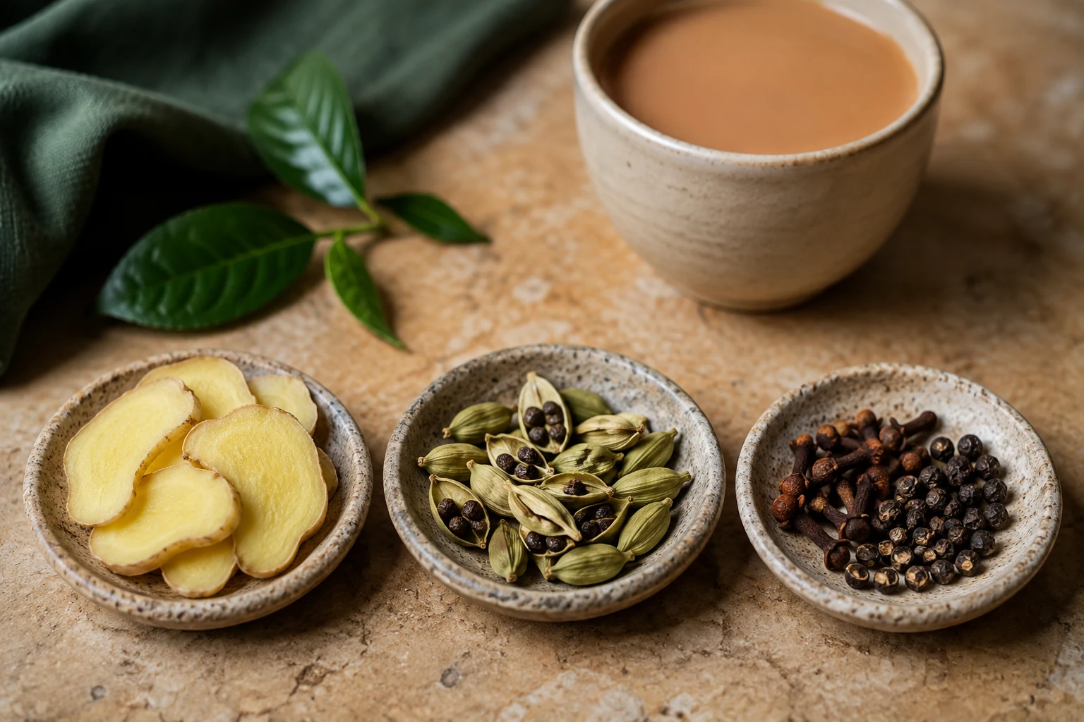 Measured ginger, cardamom, cinnamon, clove, and black pepper portions arranged beside a chai saucepan