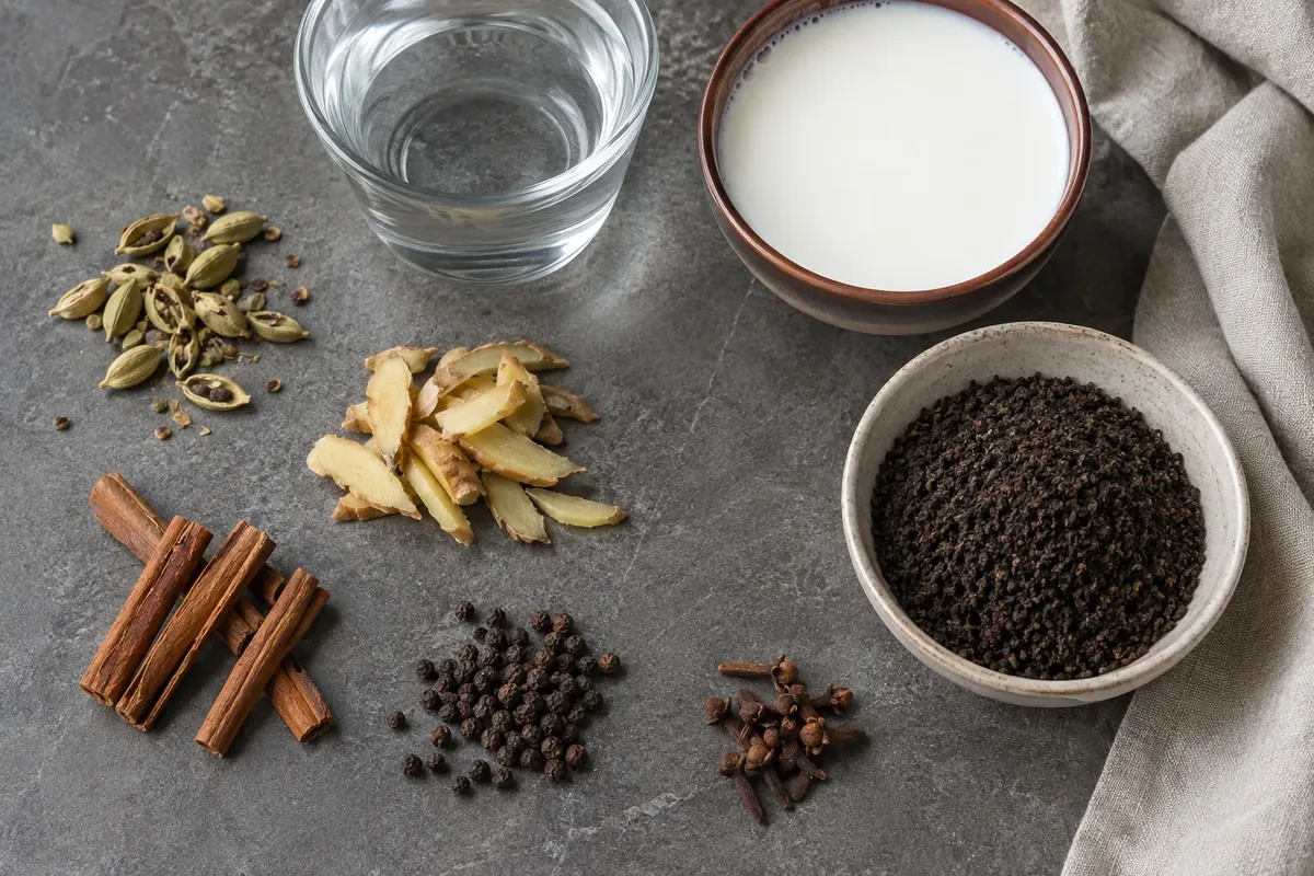 Cracked cardamom, sliced ginger, cinnamon, pepper, cloves, black tea, milk, and water laid out for chai