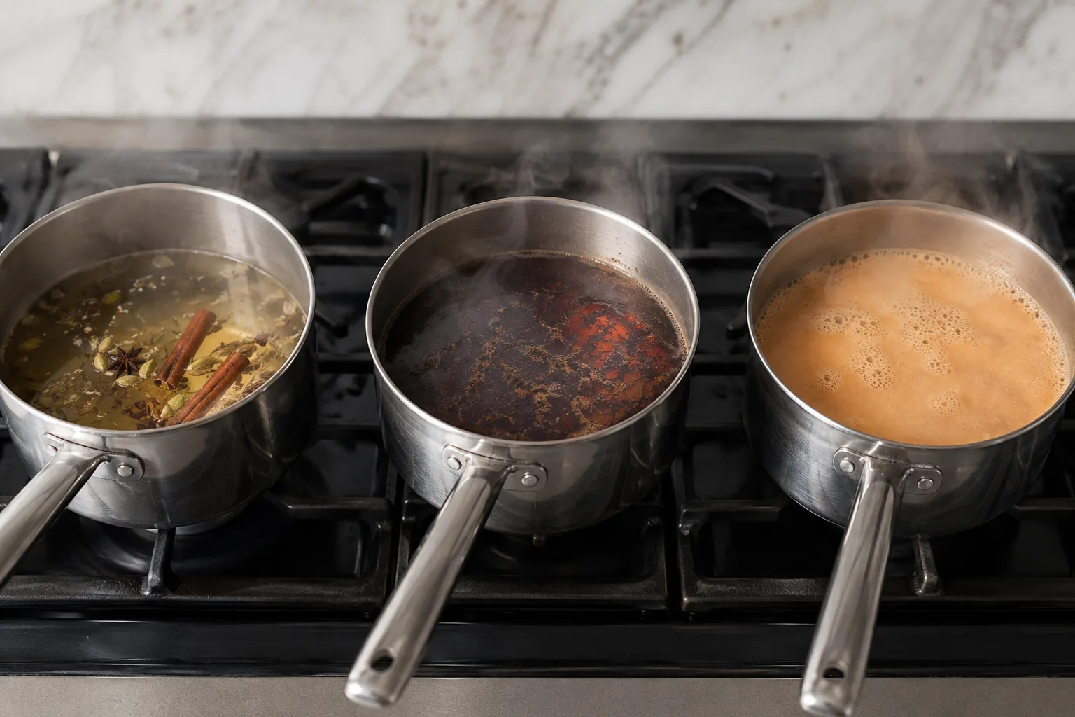 Three saucepans showing spice water, tea extraction, and milk chai at a controlled simmer