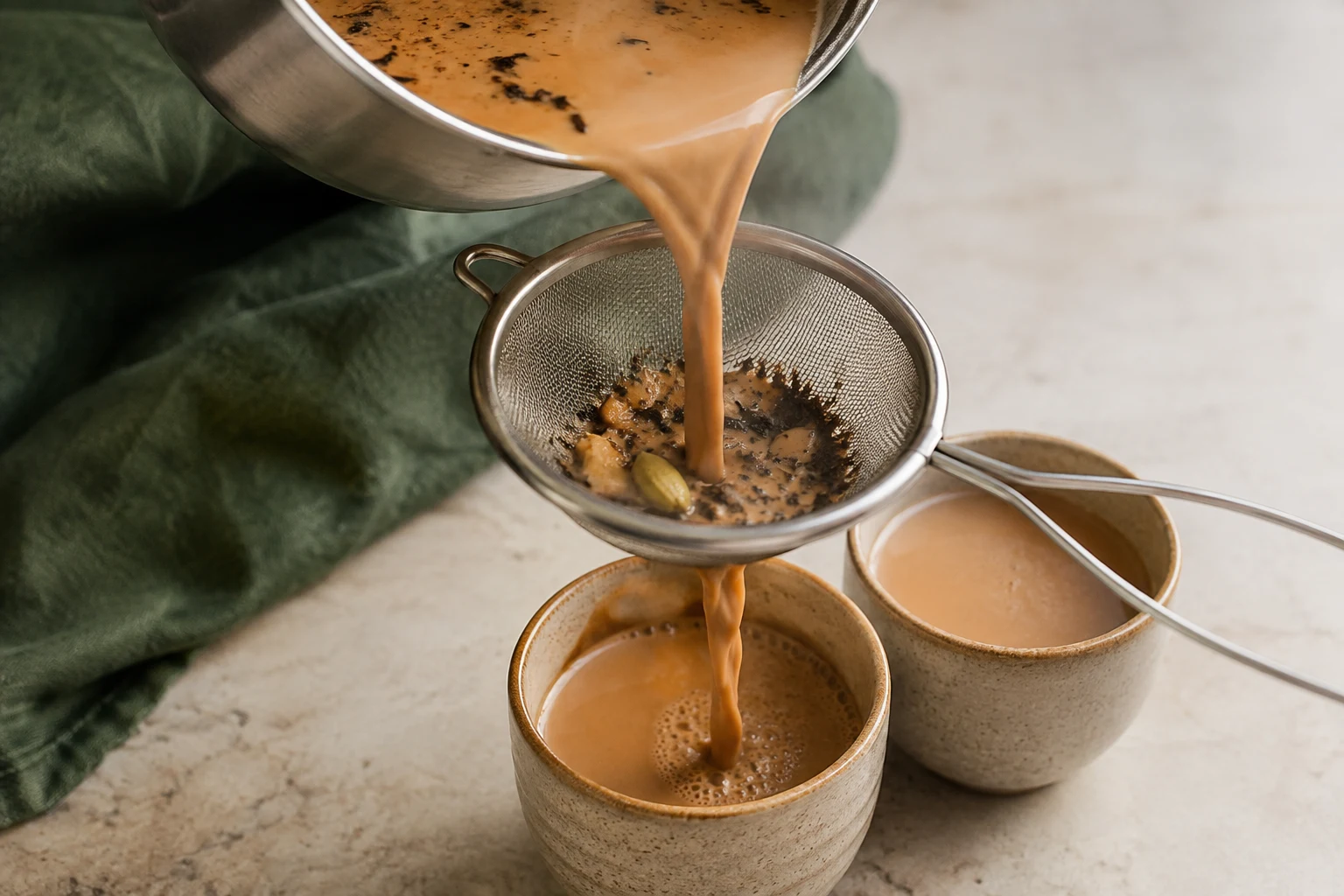 Masala chai being poured through a fine strainer that catches crushed spices and tea particles