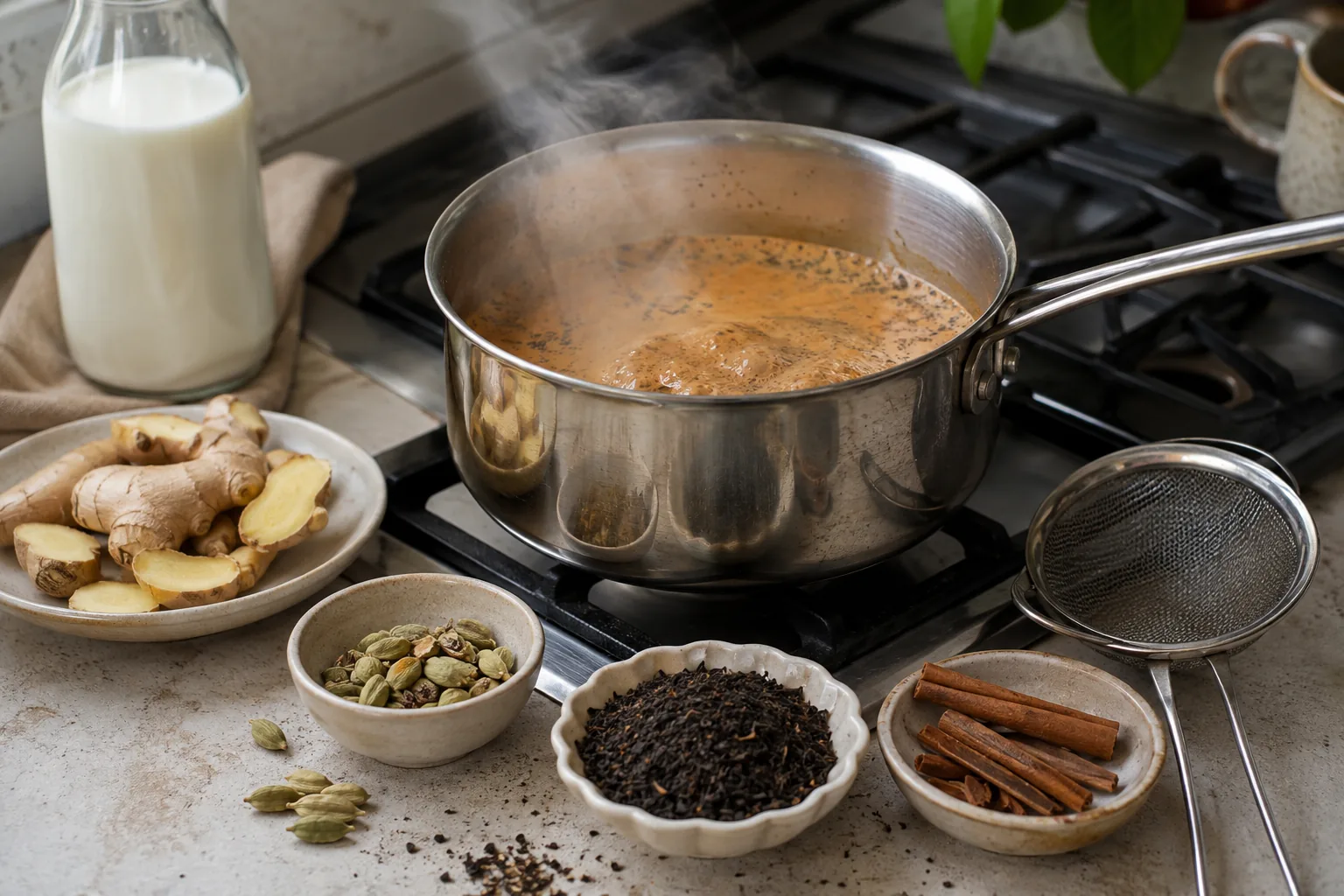 Masala chai simmering in a saucepan beside black tea, cardamom, ginger, cinnamon, milk, and a strainer